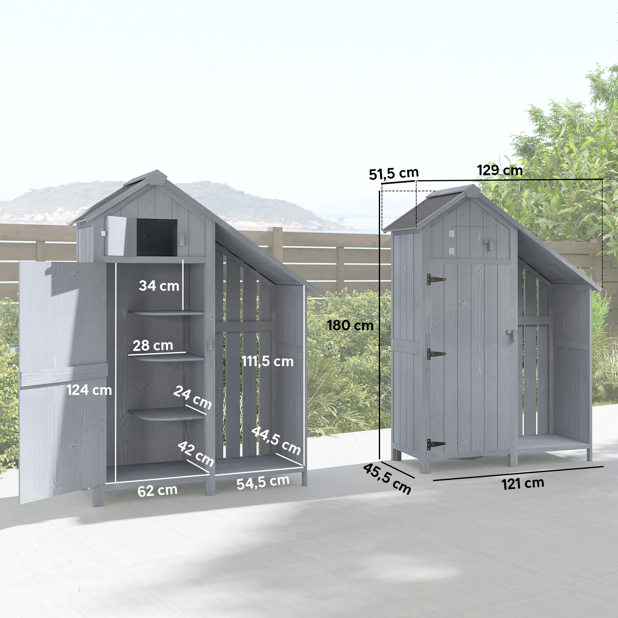 Gartenschrank Holz Outdoor wetterfest Geräteschuppen mit Asphaltdach Einlegeboden 129 x 51,5 x 180 cm Grau