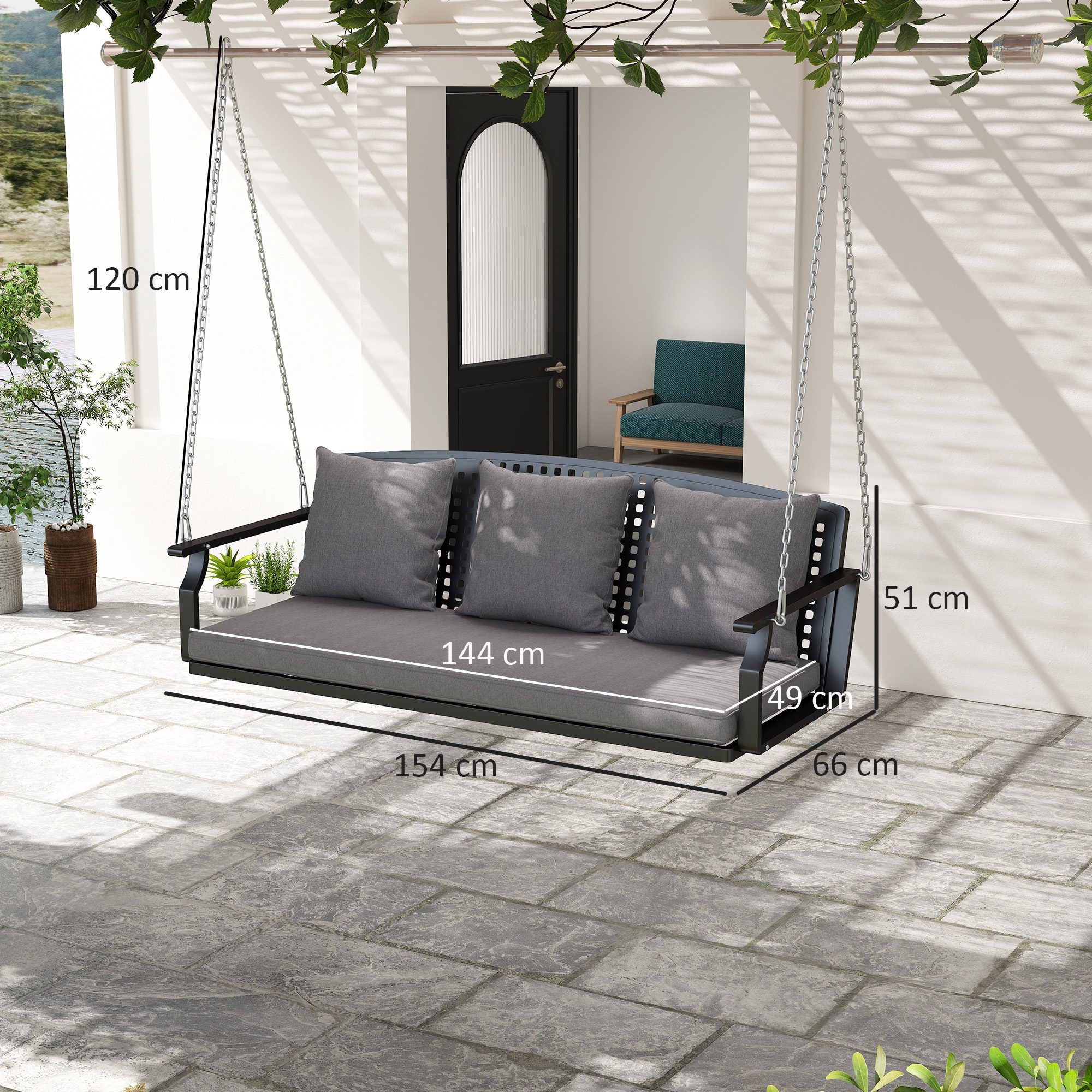 3-Sitzer Veranda-Schaukel, Gartenschaukelbank mit 3 Rückenkissen, Sitzkissen, Hängevorrichtung, Grau