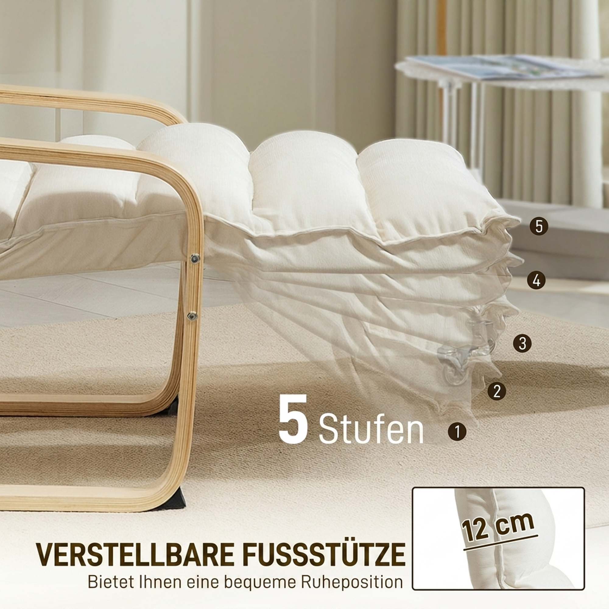 Lounge-Sessel aus Birkenholz, Polstersessel mit verstellbarer Fußstütze, Moderner Armlehnstuhl, Cremeweiß
