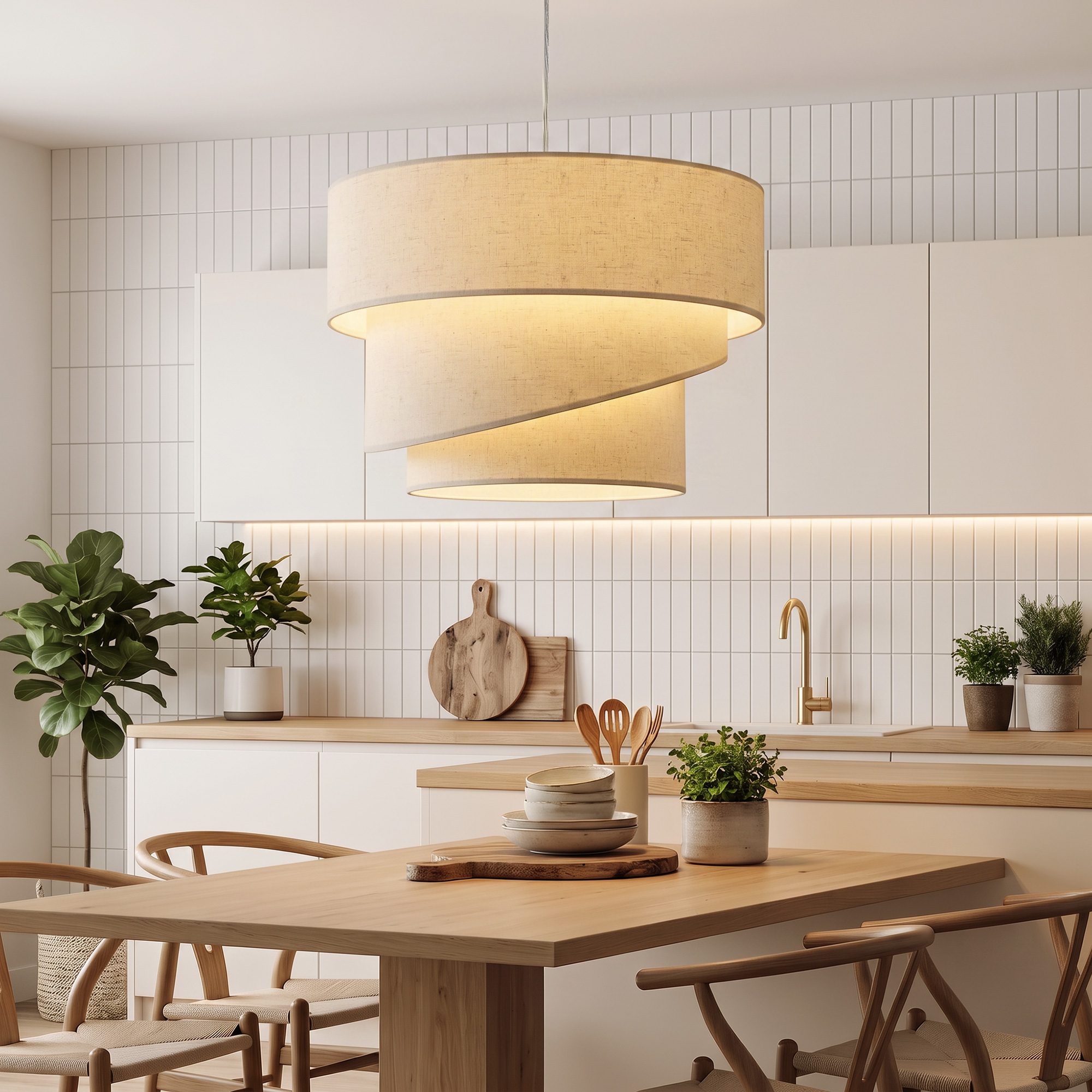 Pendelleuchte mit 3 Leinenschirmen, moderne Deckenlampe höhenverstellbar, Beige, Leuchtmittel nicht enthalten