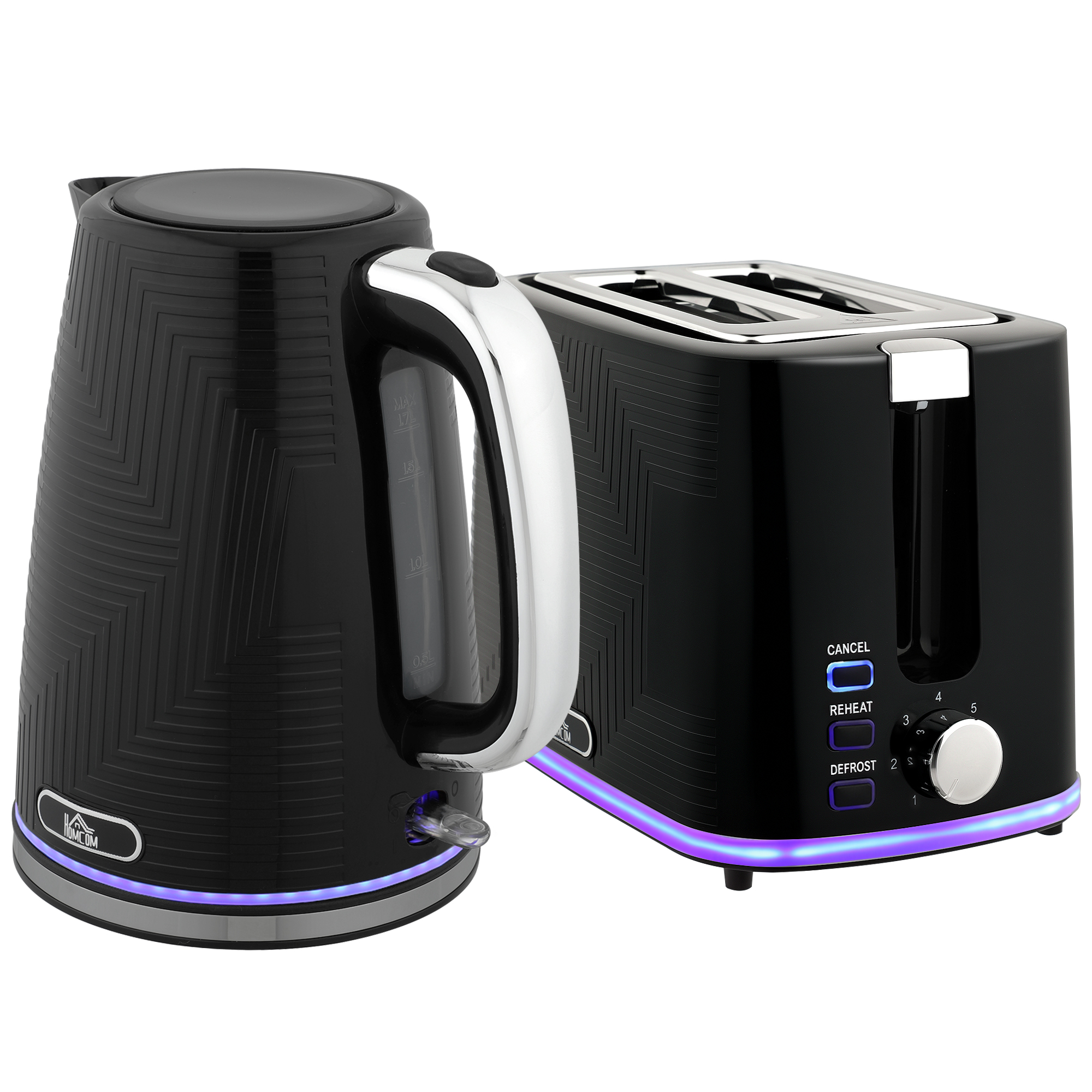 Wasserkocher- und Toaster-Set, 2200W, Otter-Thermostat, 2-Schlitz-Toaster, 7 Bräunungsstufen, Krümelfach, Schwarz