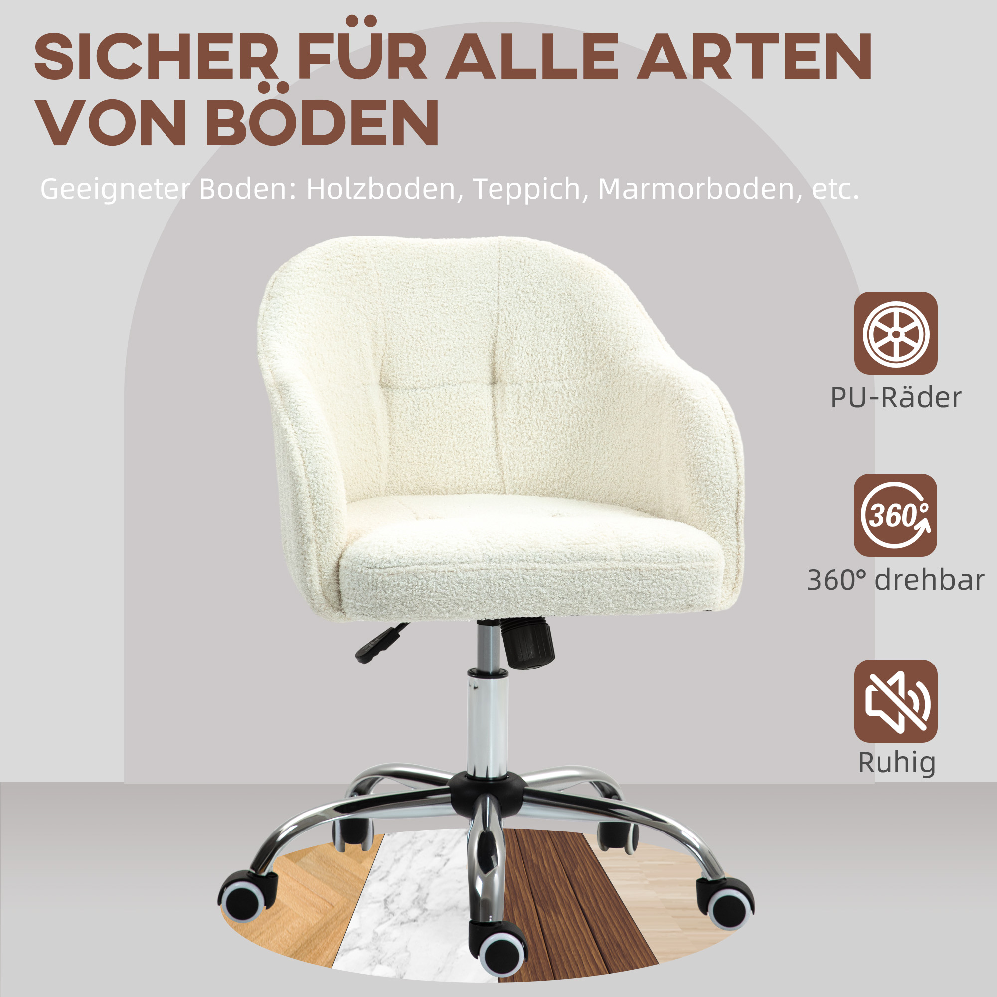 Homeoffice Stuhl, Ergonomisch Schreibtischstuhl mit Wippfunktion, Teddysamtoptik 56 x 61 x 86 cm Cremeweiß