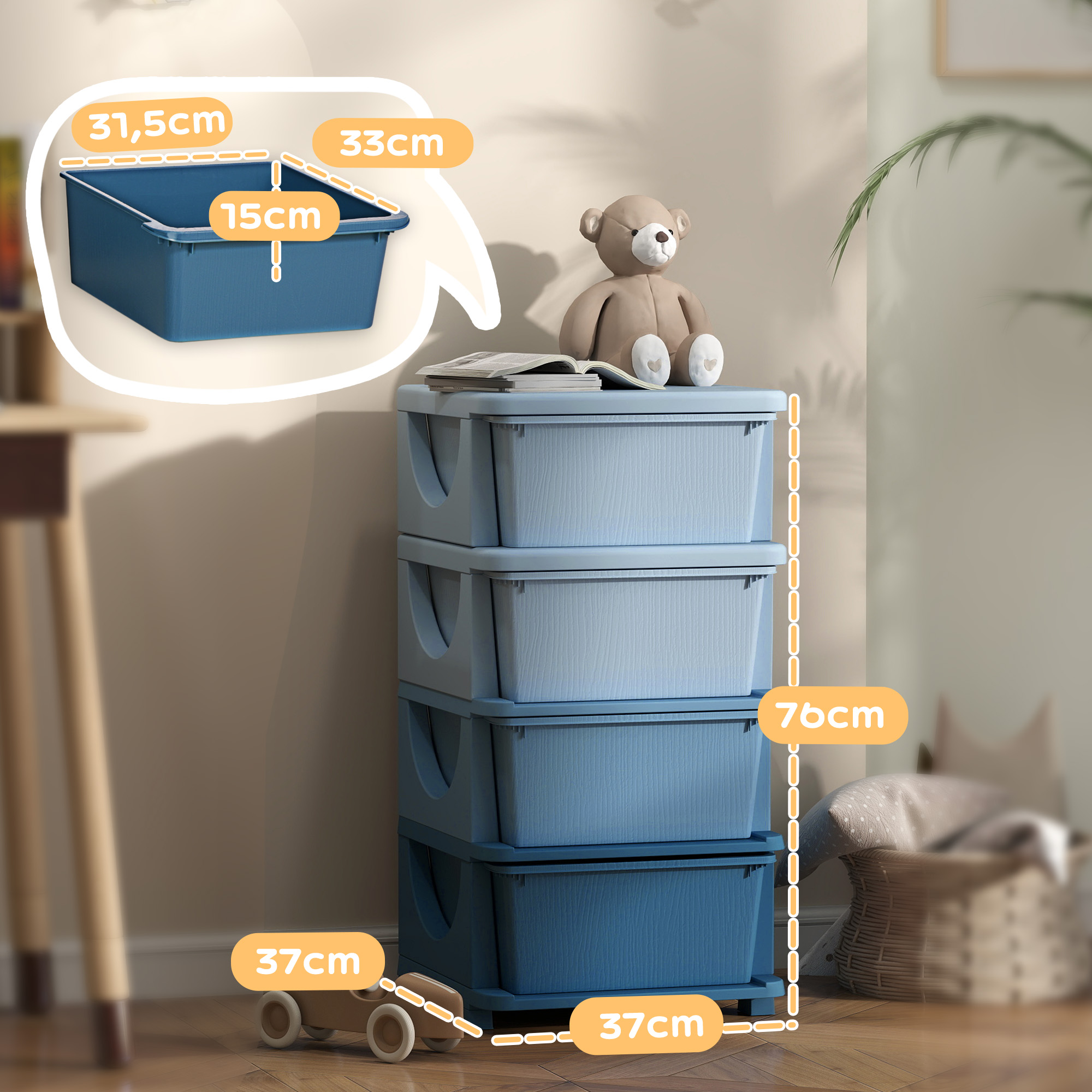 Aufbewahrungsboxen für Kinder, 4 Schubladen, abgerundete Kanten, erhöhtes Design, Kunststoff, Blau