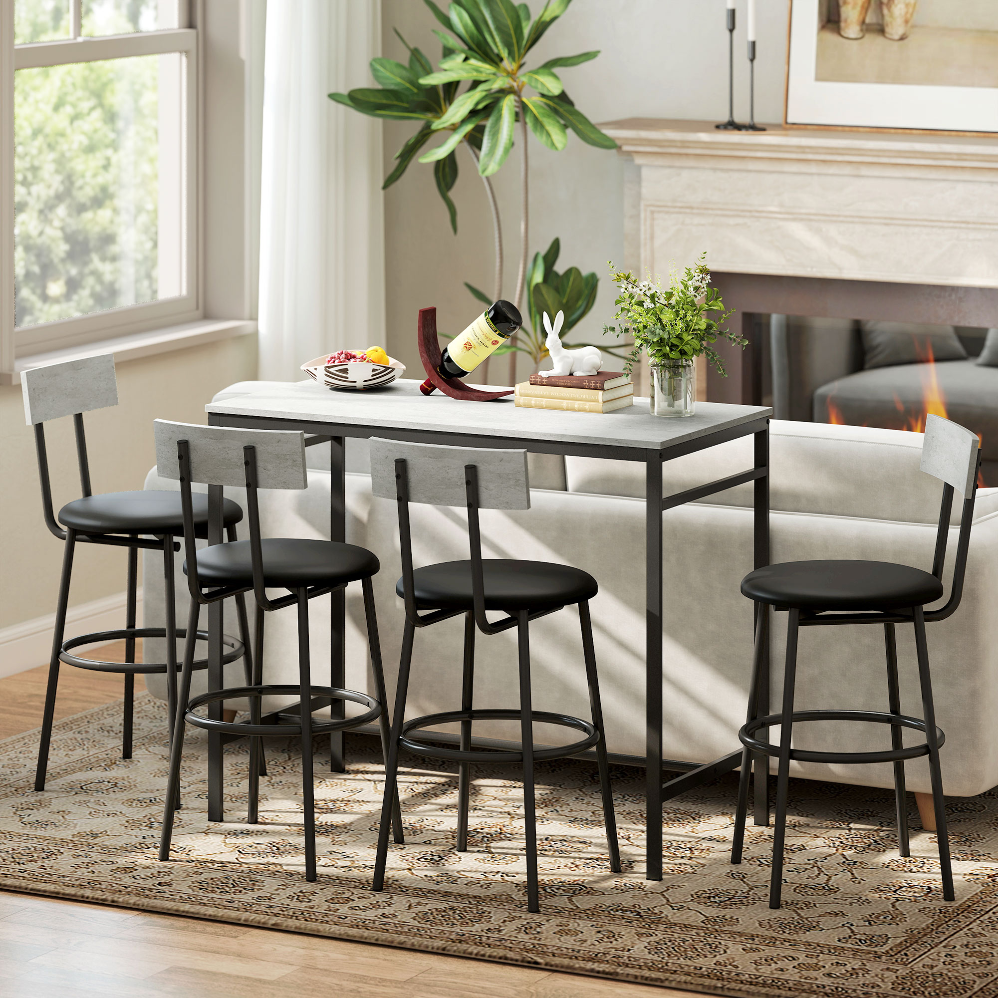 5-teiliges Bartisch-Set mit 4 Stühlen, Industrielles Design, für Küche, Esszimmer, Stahl, Hellgrau
