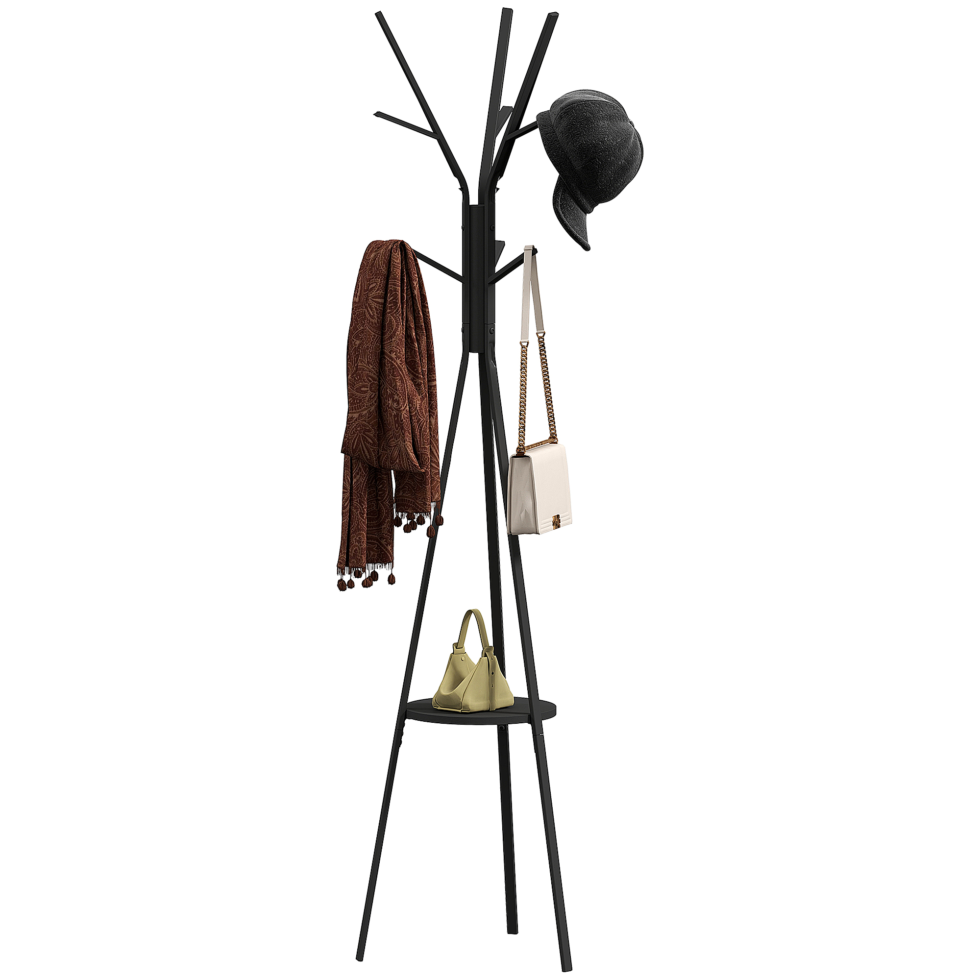 Garderobenständer Kleiderständer mit Ablage und 8 Haken Jackenständer Moderner Garderobe für Kleidung Hut Tasche, Wohnzimmer, Schwarz