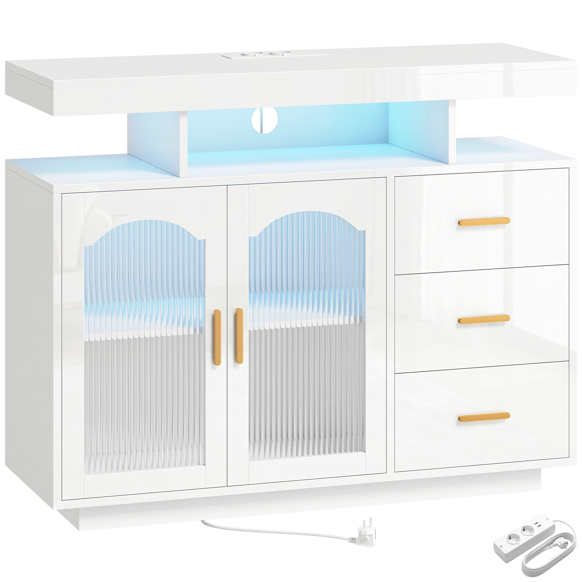 Sideboard mit LED-Beleuchtung, eingebauten Steckdosen, 3 Schubladen, Regalen und 2 Acryl-Türen, Hochglanz Weiß