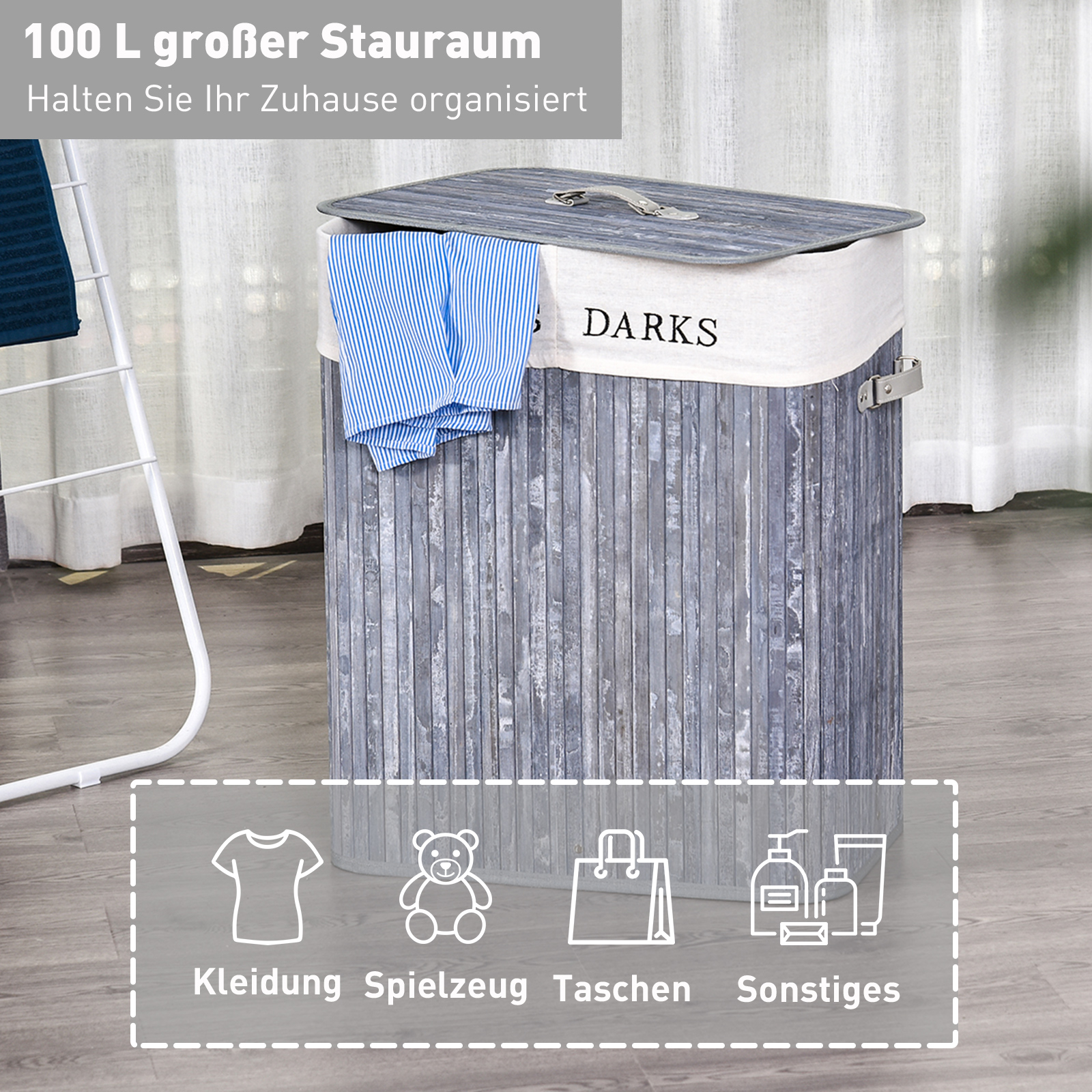Bambus Wäschekorb mit Deckel 100 L Wäschesammler mit PU-Griffen, Wäschesack aus Segeltuch, Laundry Baskets Wäschesortierer für Waschküche Schlafzimmer Badezimmer Grau