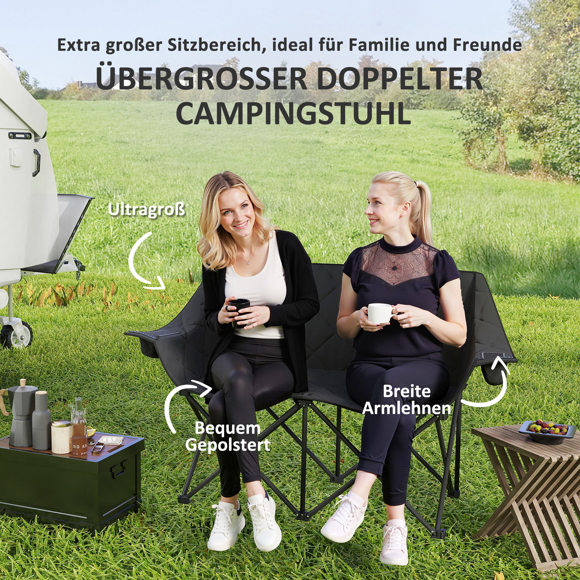 Faltstuhl faltbar 2 Sitzer Campingstuhl mit Tragetasche Outdoor bis 250kg belastbar 145 x 60 x 92 cm Schwarz