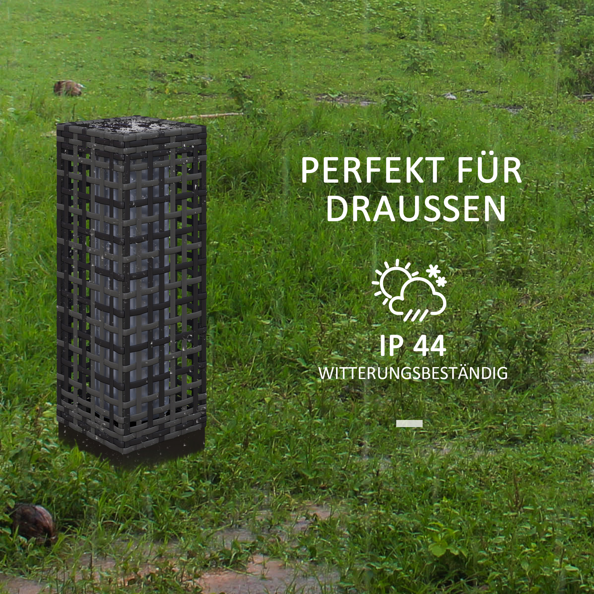 Außenleuchte mit Solarmodul, Einschaltautomatik, 8 h Betriebszeit, Rattanoptik, Stahl, 15,5 x 15,5 x 46 cm, Grau