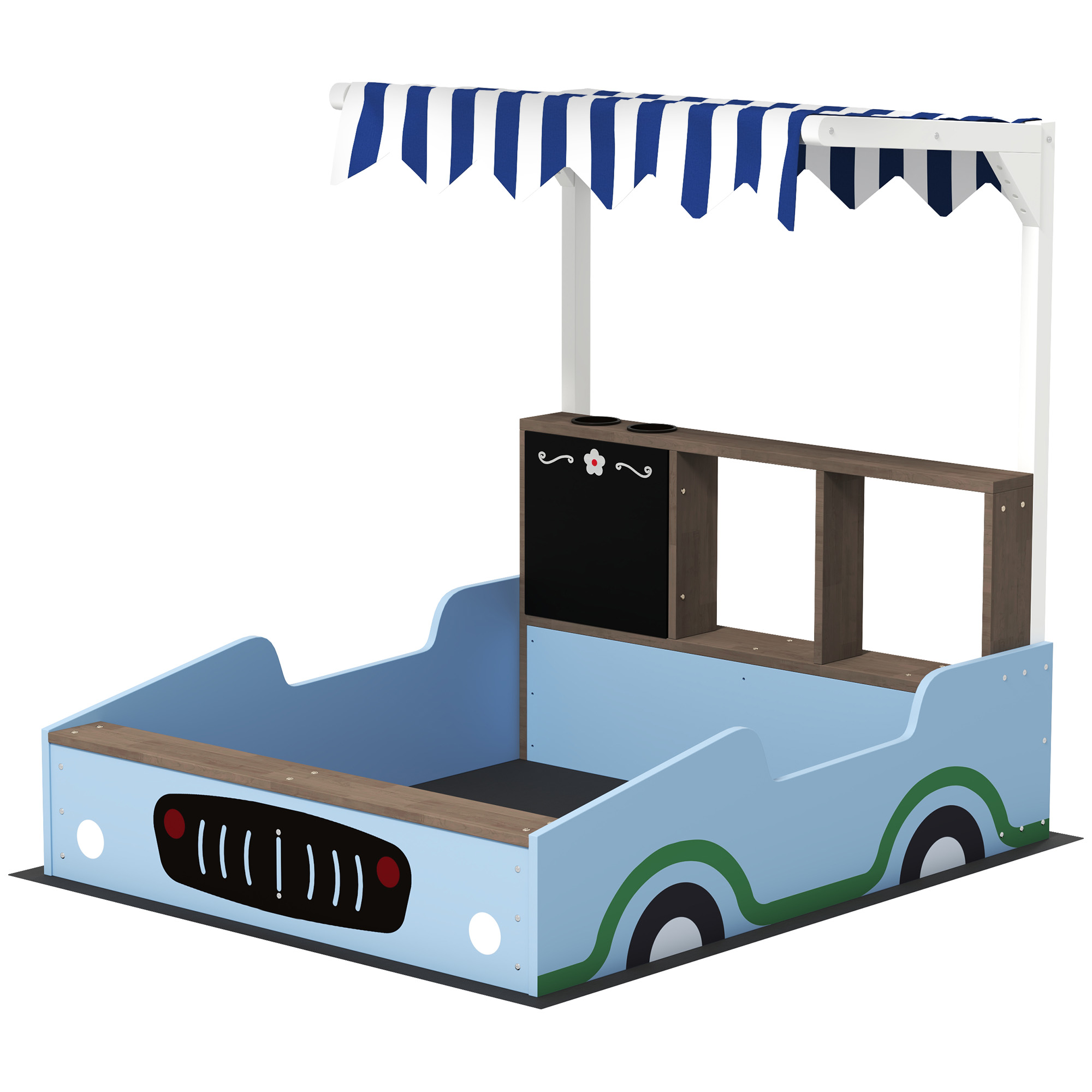 Sandkasten mit Vordach, Einkaufsladen-Design, Sitzbank, Zeichentafel, Tannenholz, 104H x 108L x 90B cm, Blau