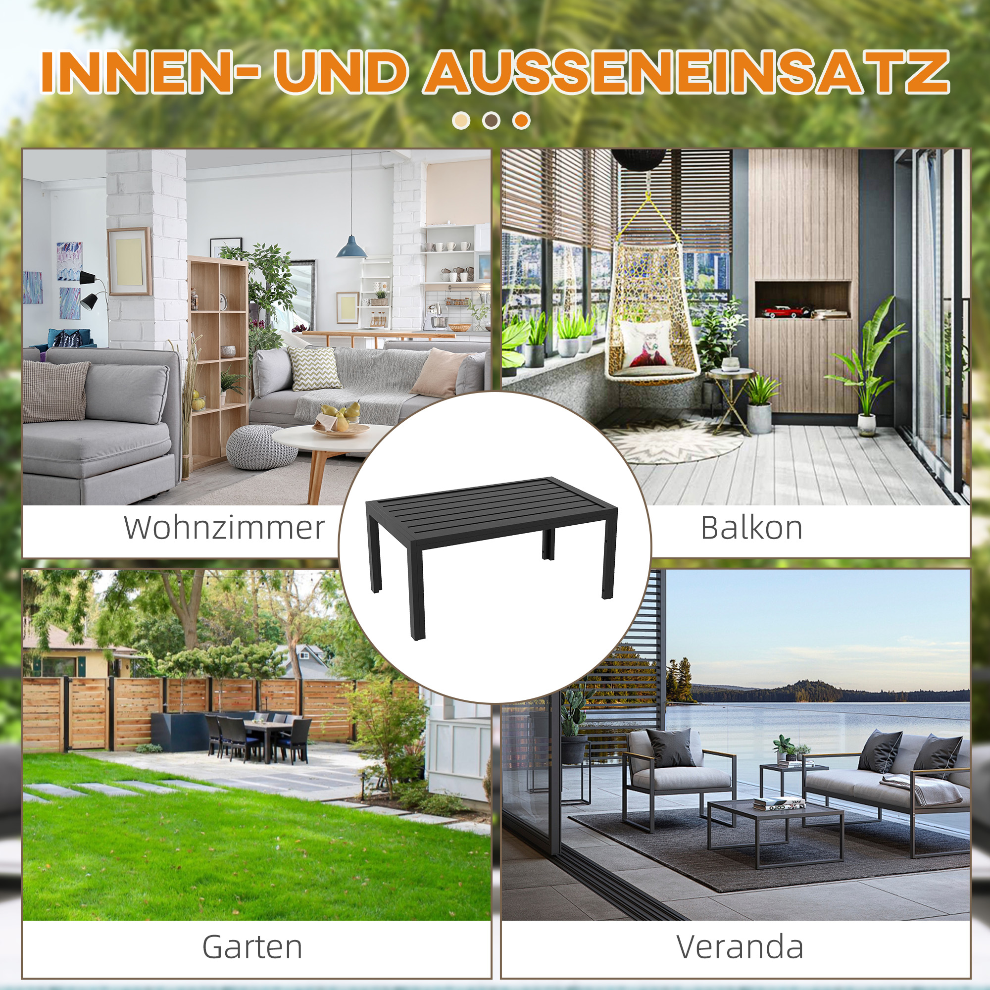 Beistelltisch Balkontisch aus Stahl Rechteckig Kaffeetisch wetterfest Gartentisch 101,5x61x46 cm Schwarz