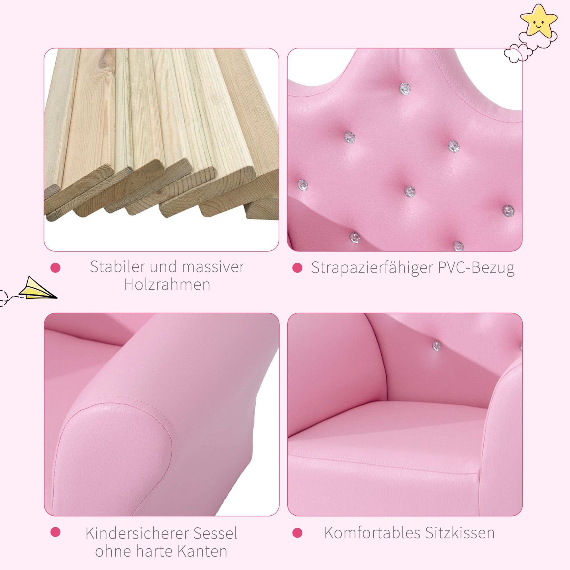 Spielsofa für Kinder, Kindersofa mit Ottomane, Kindercouch Prinzessinnen Spielsofa Kindercouch Mini Couch für Kuschelecke, Kinderzimmer, Spielzimmer, Schlafzimmer, Rosa