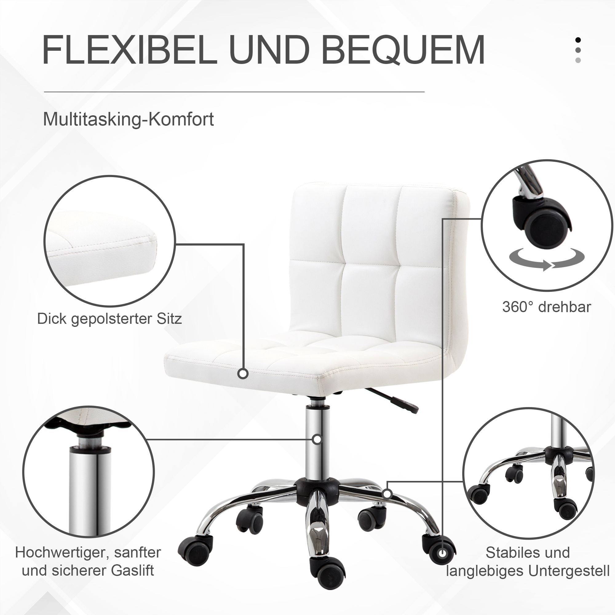 Bürostuhl, Drehstuhl, Kunstleder, Stahlstruktur, 5 Räder, gepolstert, Weiß