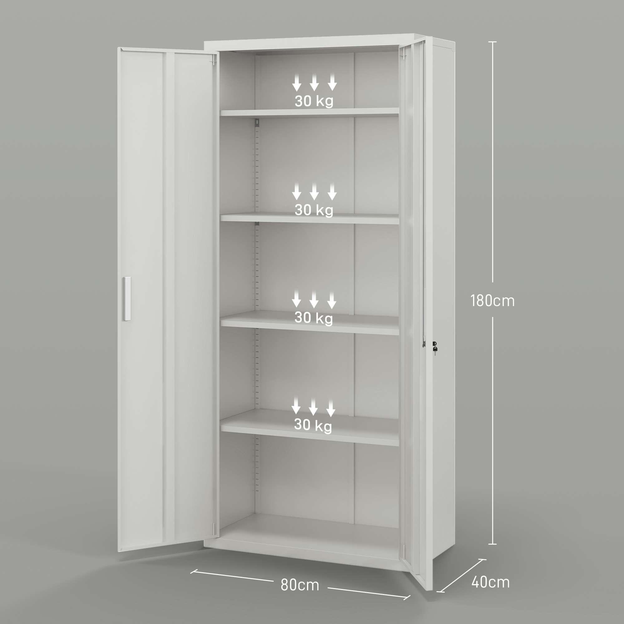 Aktenschrank, Büroschrank, 5 Regale, Metall, 80B x 40T x 180H cm, Weiß