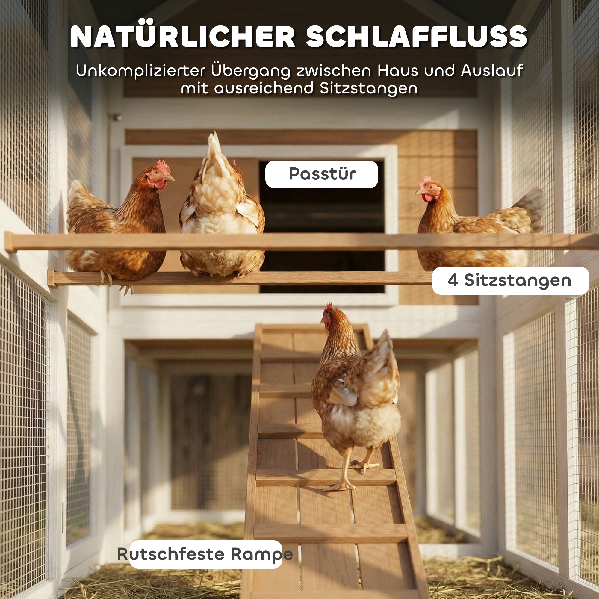 Hühnerstall Hühnerhaus mit Auslauf Nistkasten herausziehbarem Tablett Asphaltdach für 4 Hühner 200x104x145cm Holz Braun