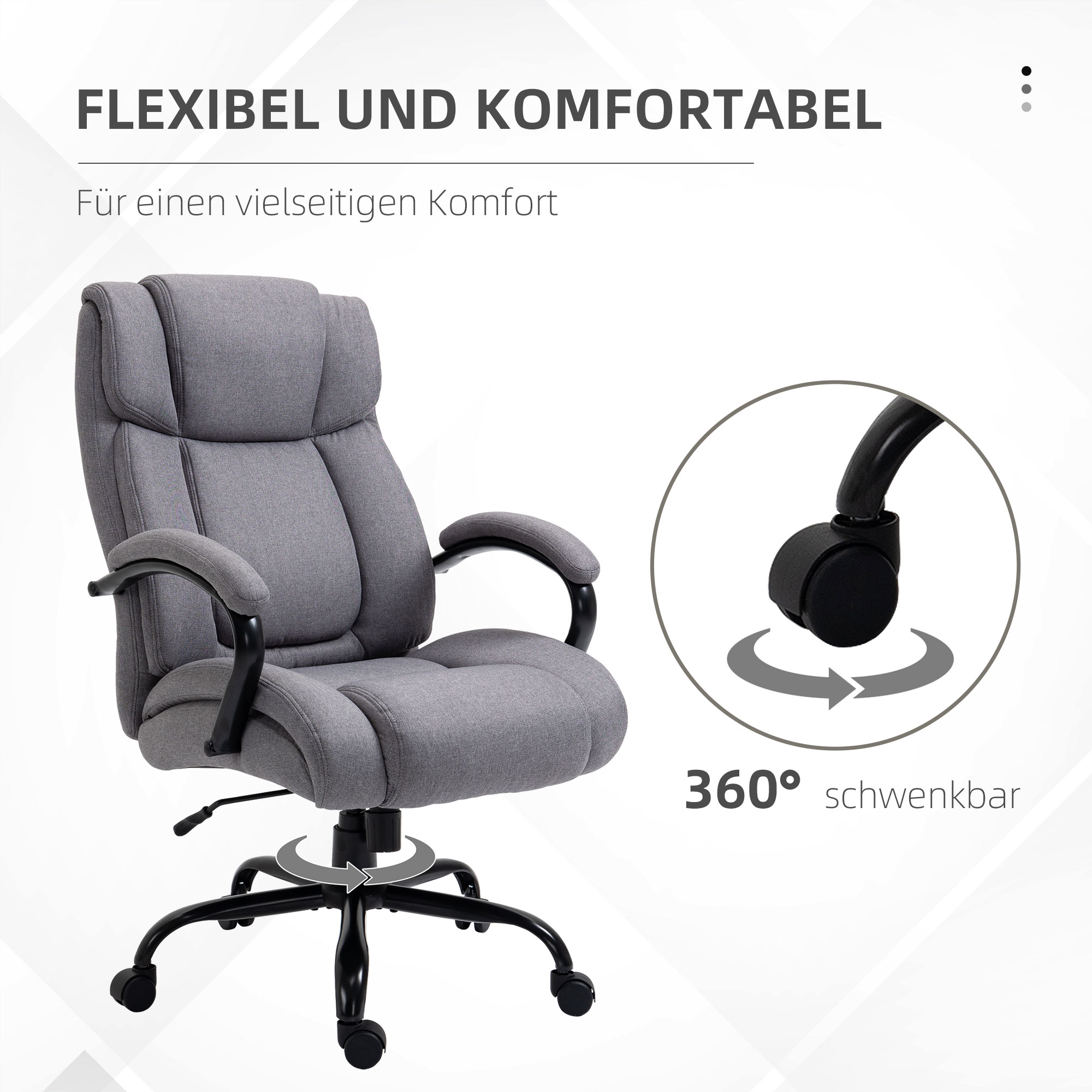 Bürostuhl, ergonomischer Chefsessel bis 220 kg belastbar, gepolsterter Schreibtischstuhl mit Armlehne, breiter Sitz, höhenverstellbarer Drehstuhl mit Wippfunktion, Leinenoptik, hellgrau