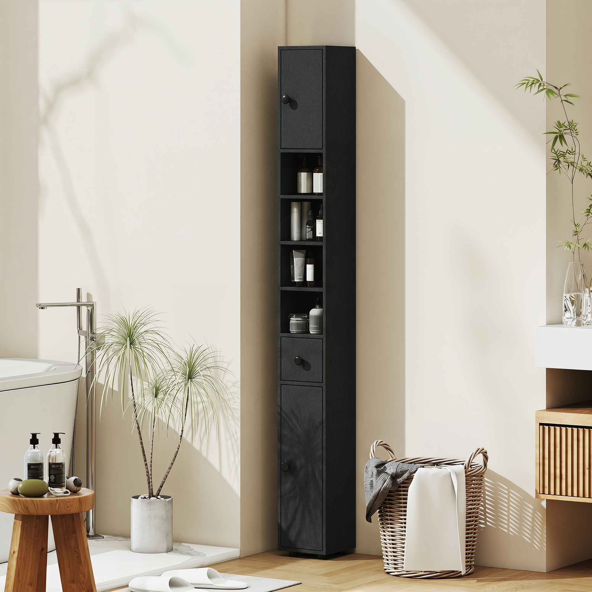 180 cm Schmaler Badezimmerschrank, Toilettenpapierregal mit offenen Fächern, 2 Schränken, Schwarz