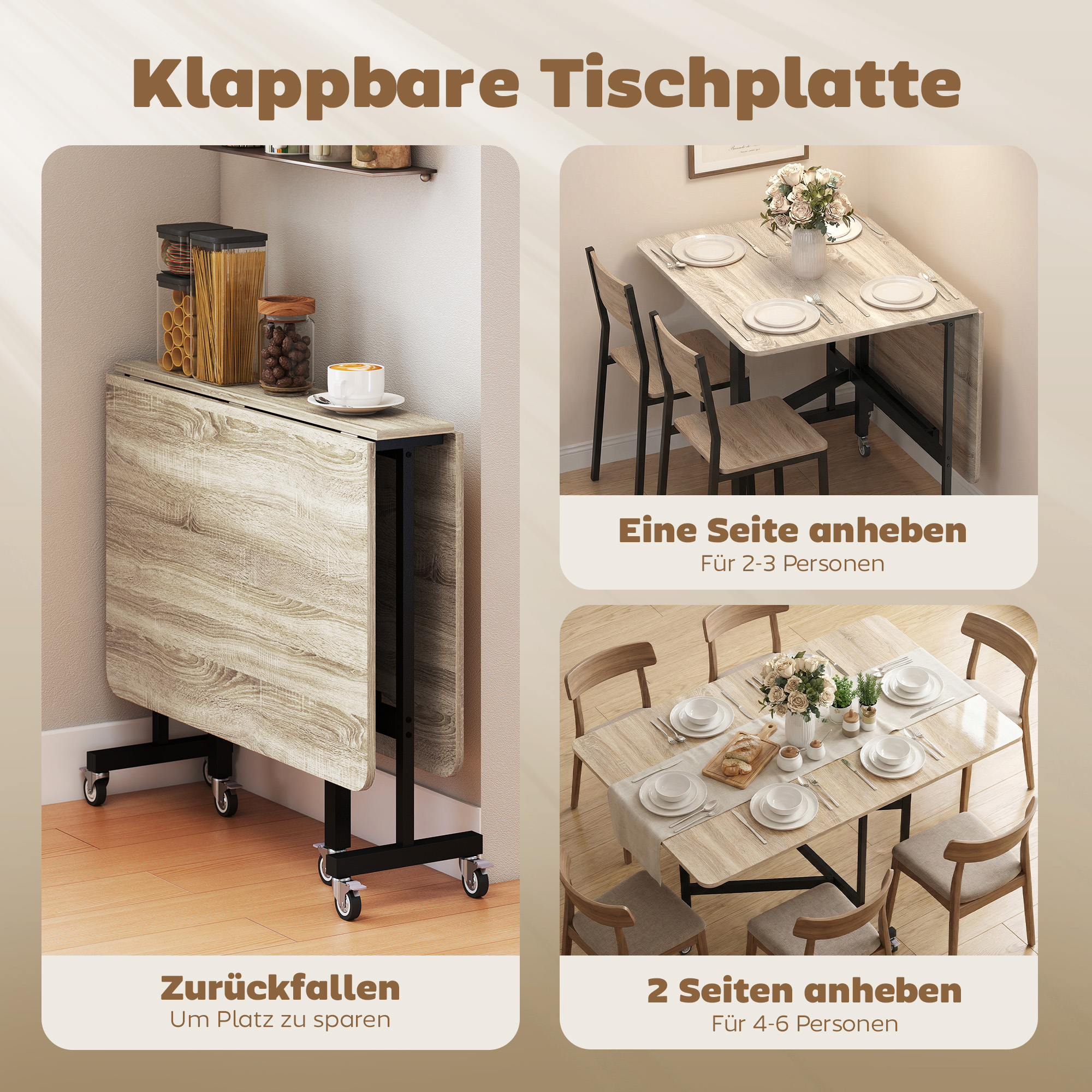 mobiler Klapptisch mit 6 Rollen und Bremsen, faltbarer Küchen-Esstisch für kleine Räume, Eiche