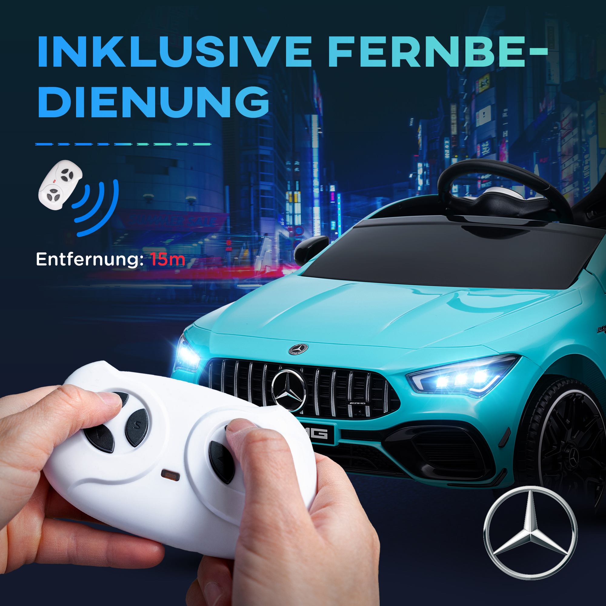 Kinder-Elektroauto, fernsteuerbar, mit Transportrollen, LED-Lichter, Hupe, für Kinder von 3-6 Jahren, Hellblau