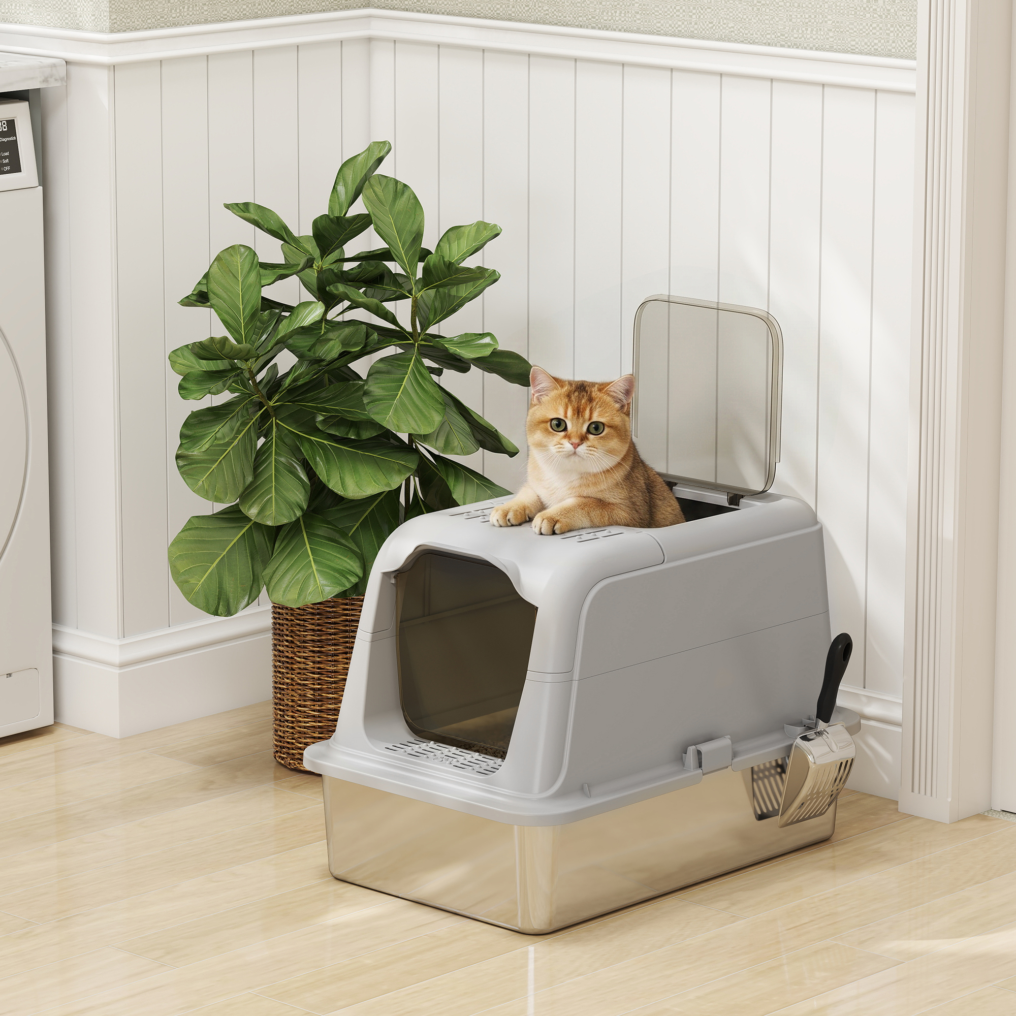 Katzenklo, Katzentoilette mit Deckel, Streuschaufel, vorne Eingang und ober Ausgang Edelstahl bis 8 kg