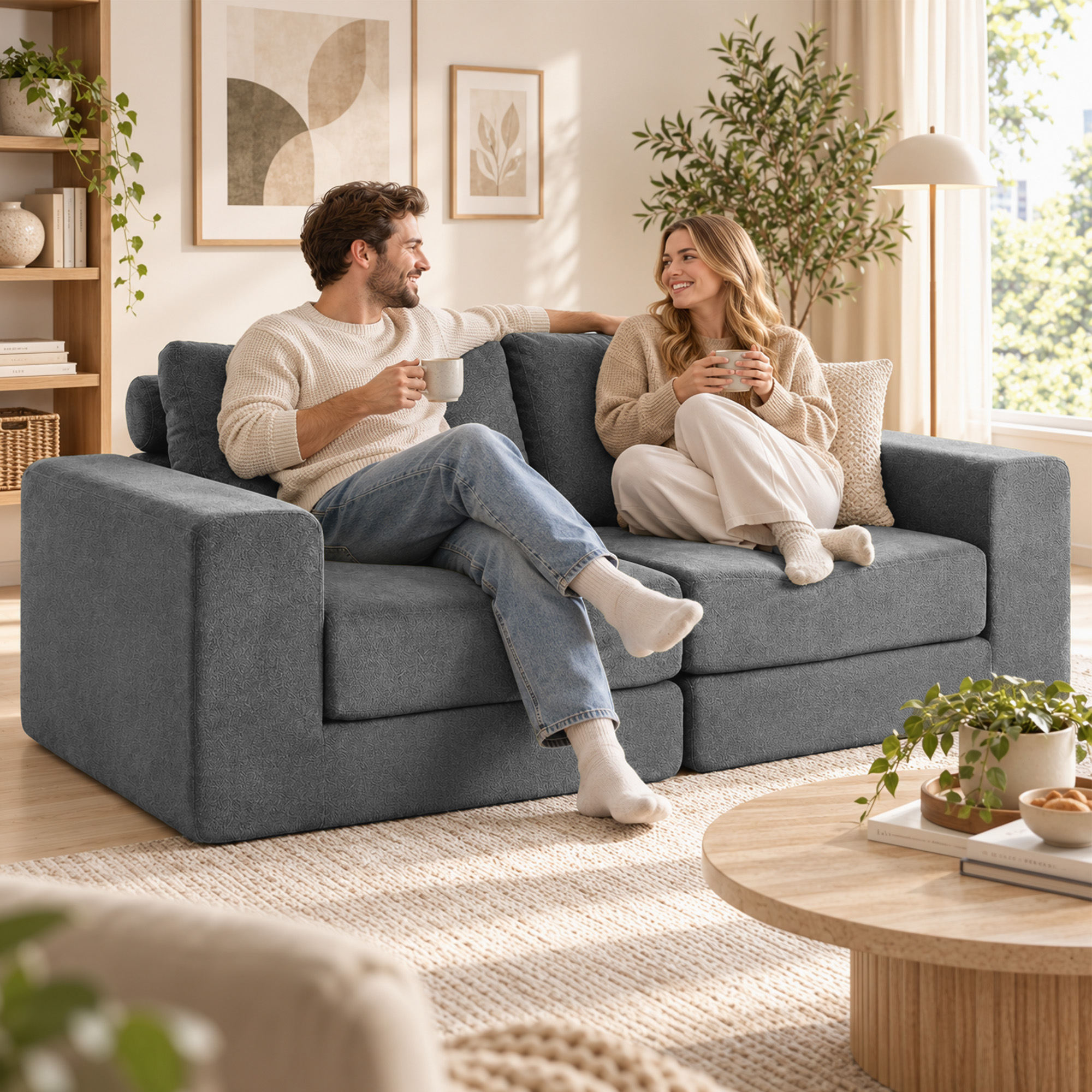 Schlafsofa 4-in-1 Schlaffunktion ausziehbar Klappsofa Kissen 2 Sitzer Grau