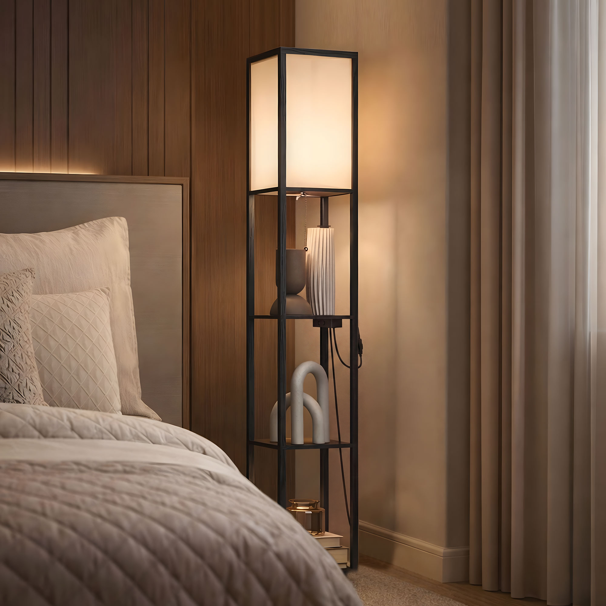 LED Stehlampe mit Ablagen, dimmbar, Kettenschalter & Steckdosen, schwarz