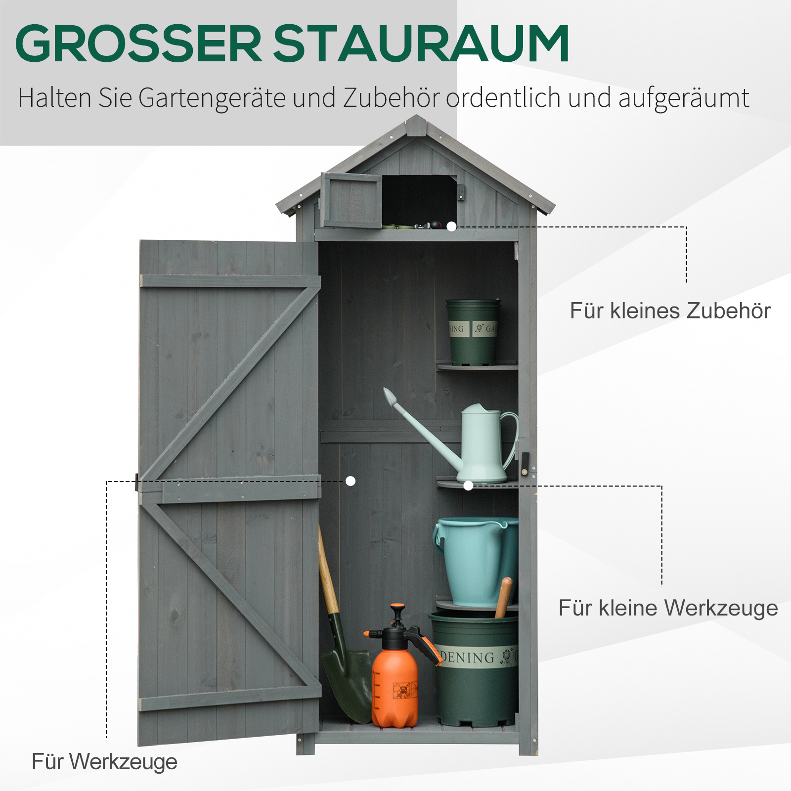 Gartenschrank Holz, Geräteschuppen wetterfest 77x54,2x179cm, Gerätehaus mit Tür, Satteldach, Geräteschrank mit Böden, Werkzeugschrank Gartenschuppen für Garten, Terrasse, Grau+Grün