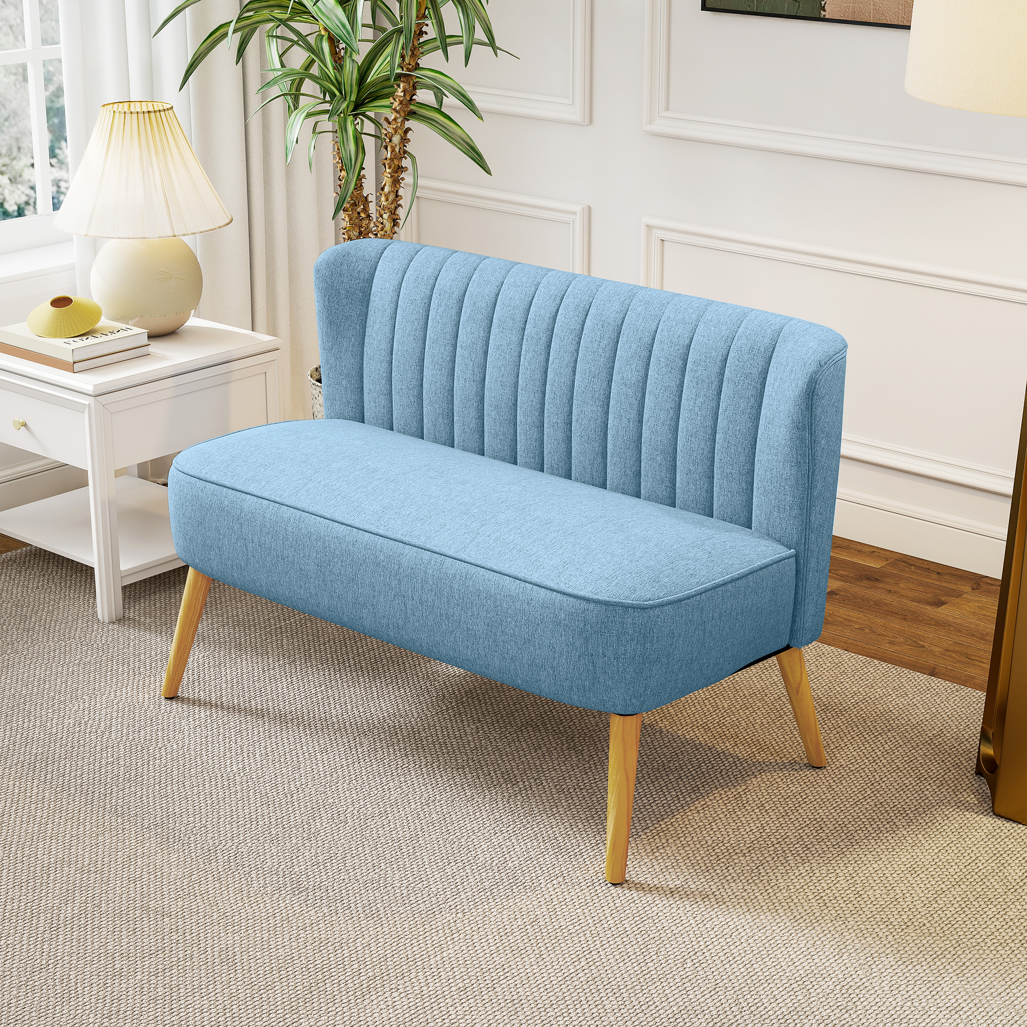 2-Sitzer Sofa im Retro-Look, weiche Polsterung, pflegeleichter Bezug, bis 150 kg, 117 x 56,5 x 77 cm, Blau