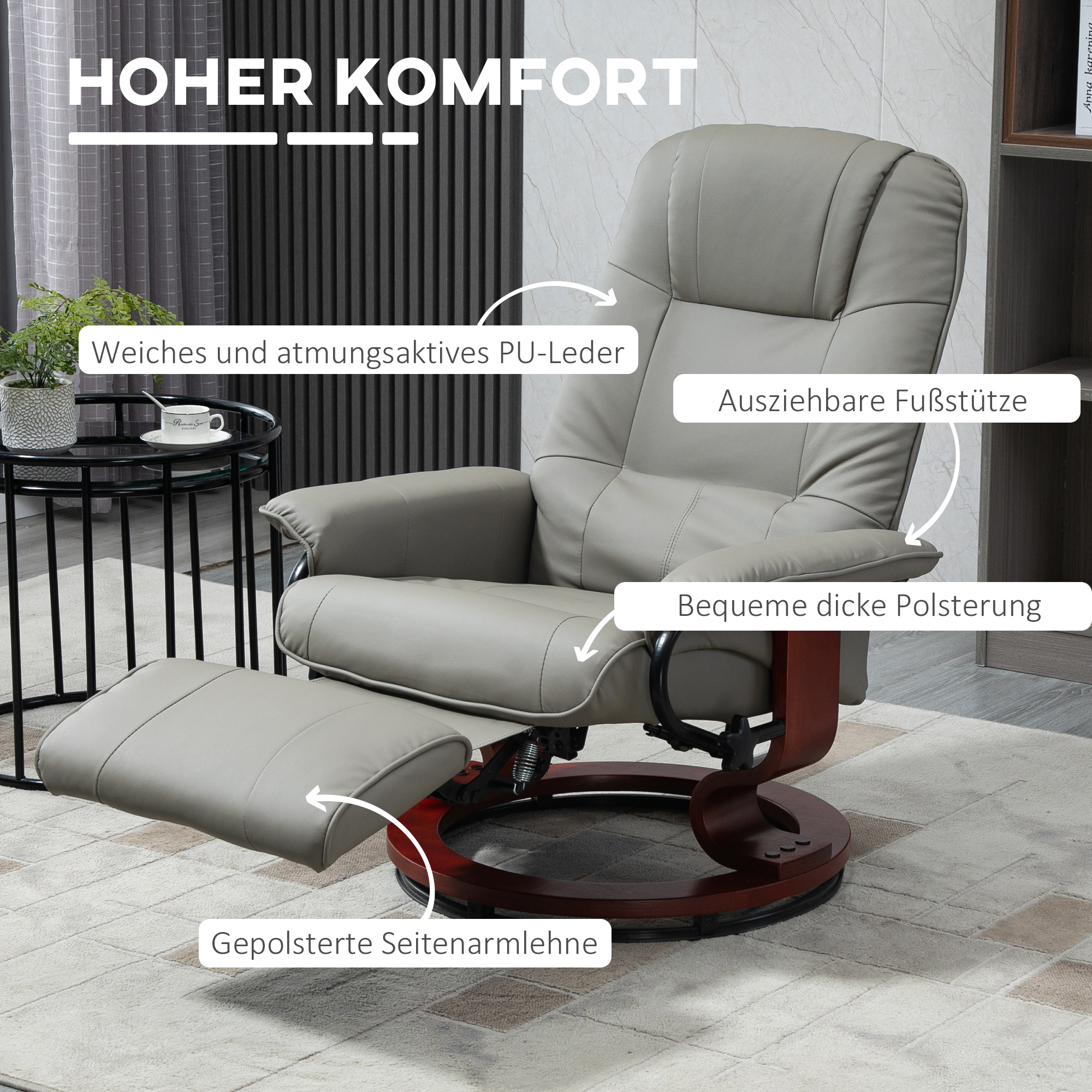 Relaxsessel Fernsehsessel Liegesessel Kunstleder 360° Drehstuhl 145° neigbar Grau 78 x 87 x 100 cm