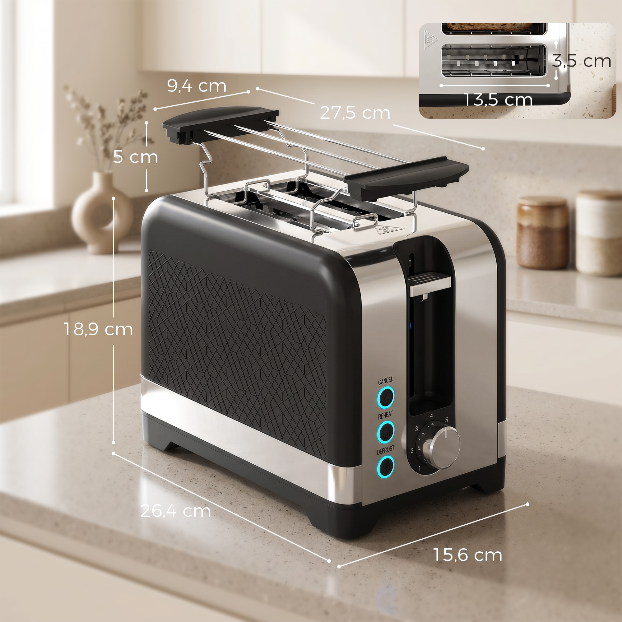 2-Scheiben-Toaster mit 7 Bräunungsstufen, Aufwärm-/Auftau-/Abbruchfunktionen, Wärmerost, 930 W