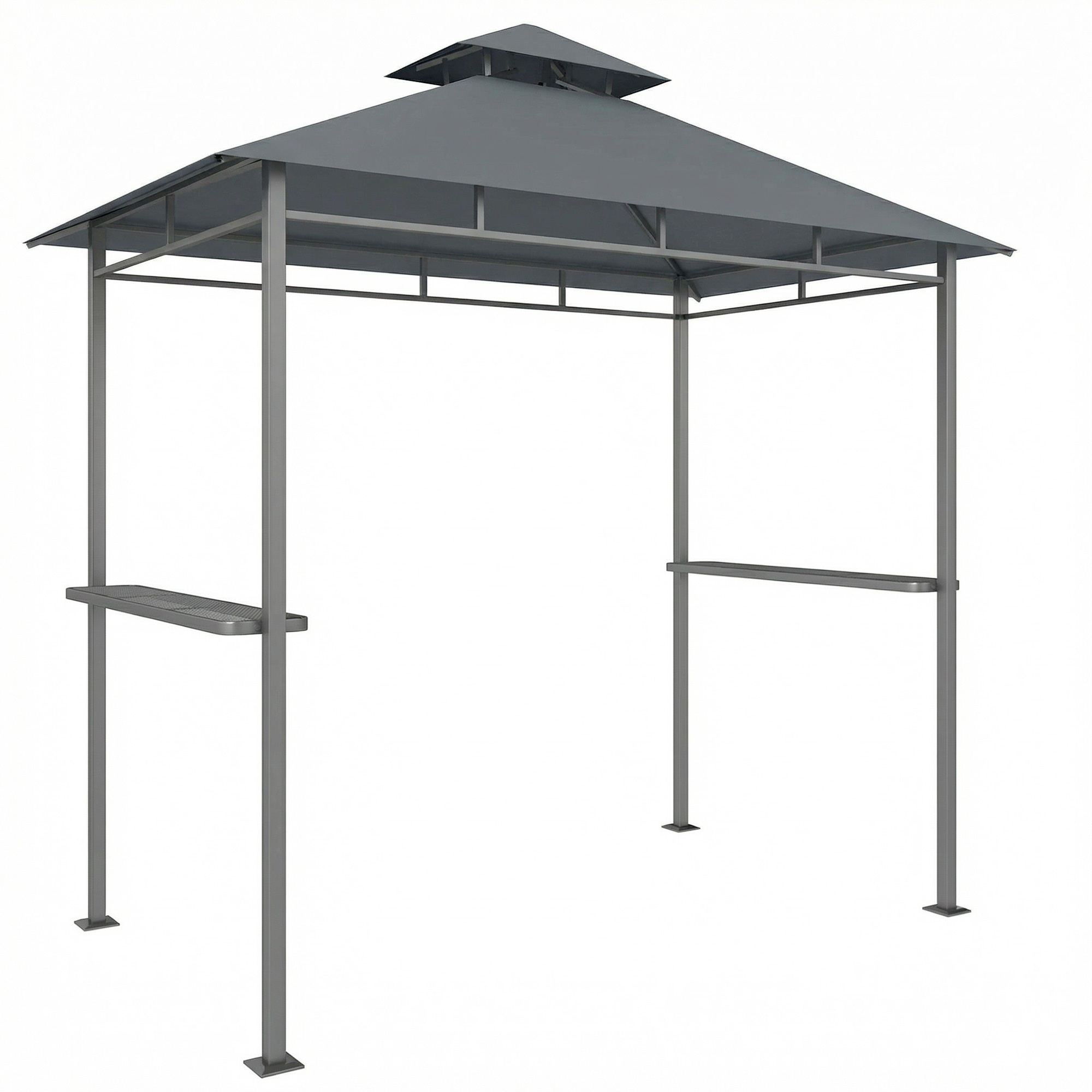 Grillpavillon 2,4 x 1,4 m, Windfest Grillüberdachung mit Doppeldach Lüftungsöffnung Seitenregalen