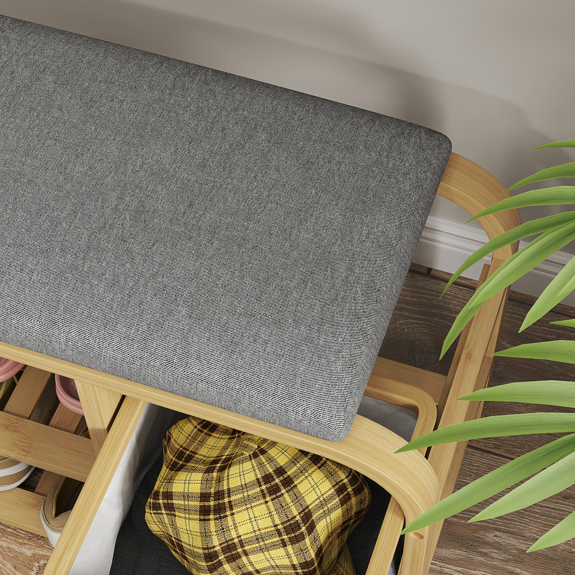 Schuhbank mit Regalen, Schuhaufbewahrungsbank, Bambus, Polstersitz, Grau