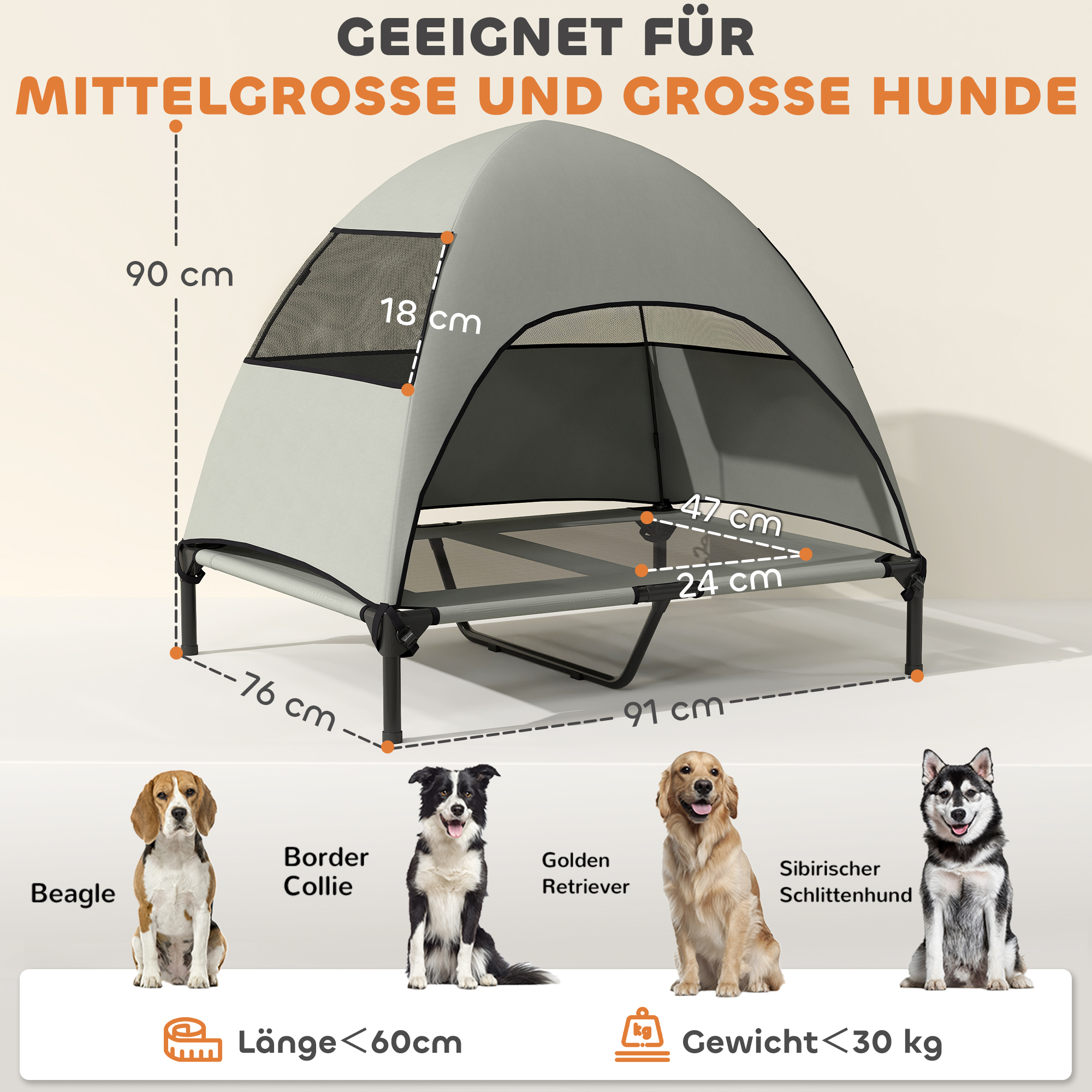 Hundeliege Outdoor mit Dach, erhöhtes Hundebett für Große Hunde, 91 x 76 x 90 cm, Hellgrau