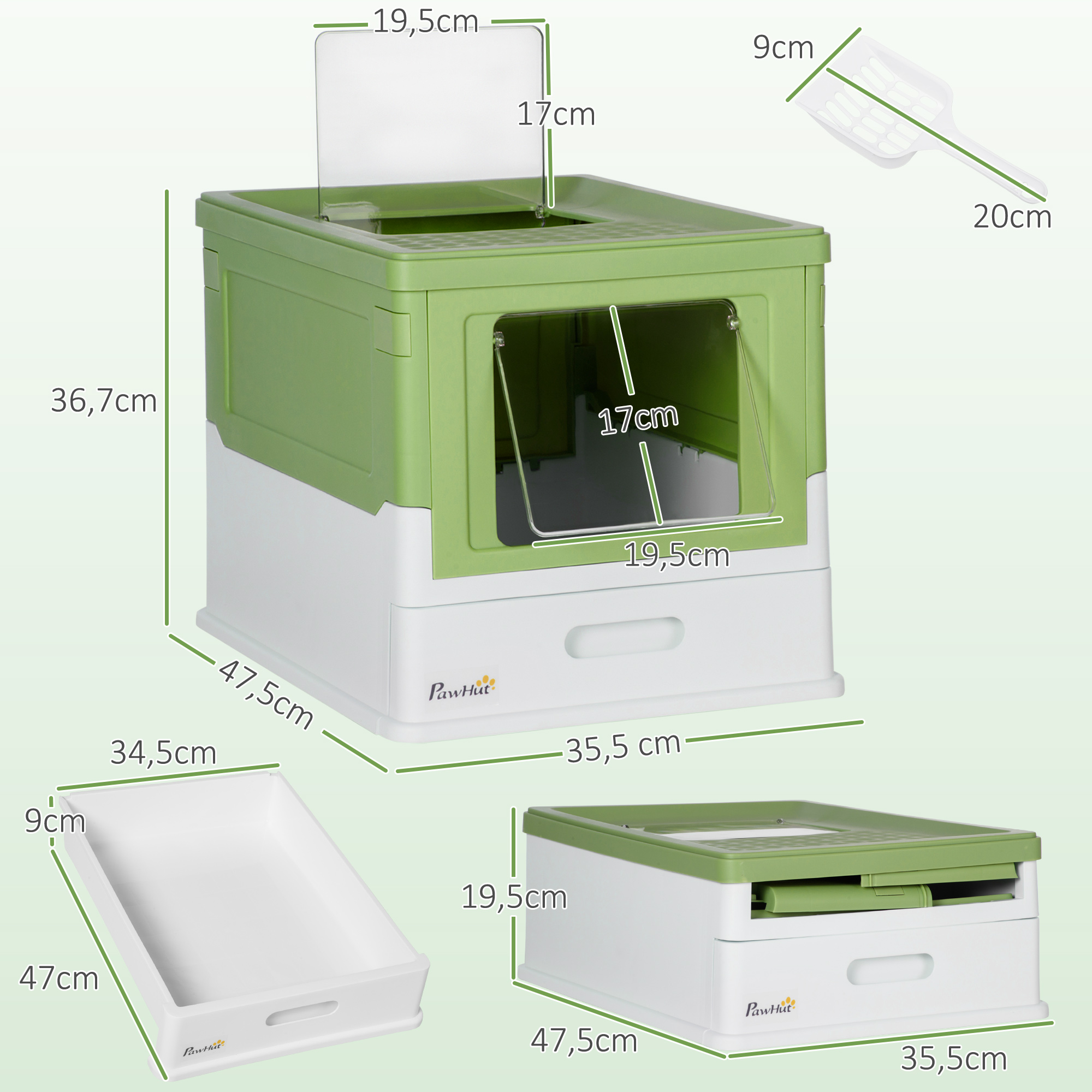 Katzentoilette, klappbar, 2 Türen, Streuschaufel, 47,5x35,5x36,7cm, Weiß/Grün