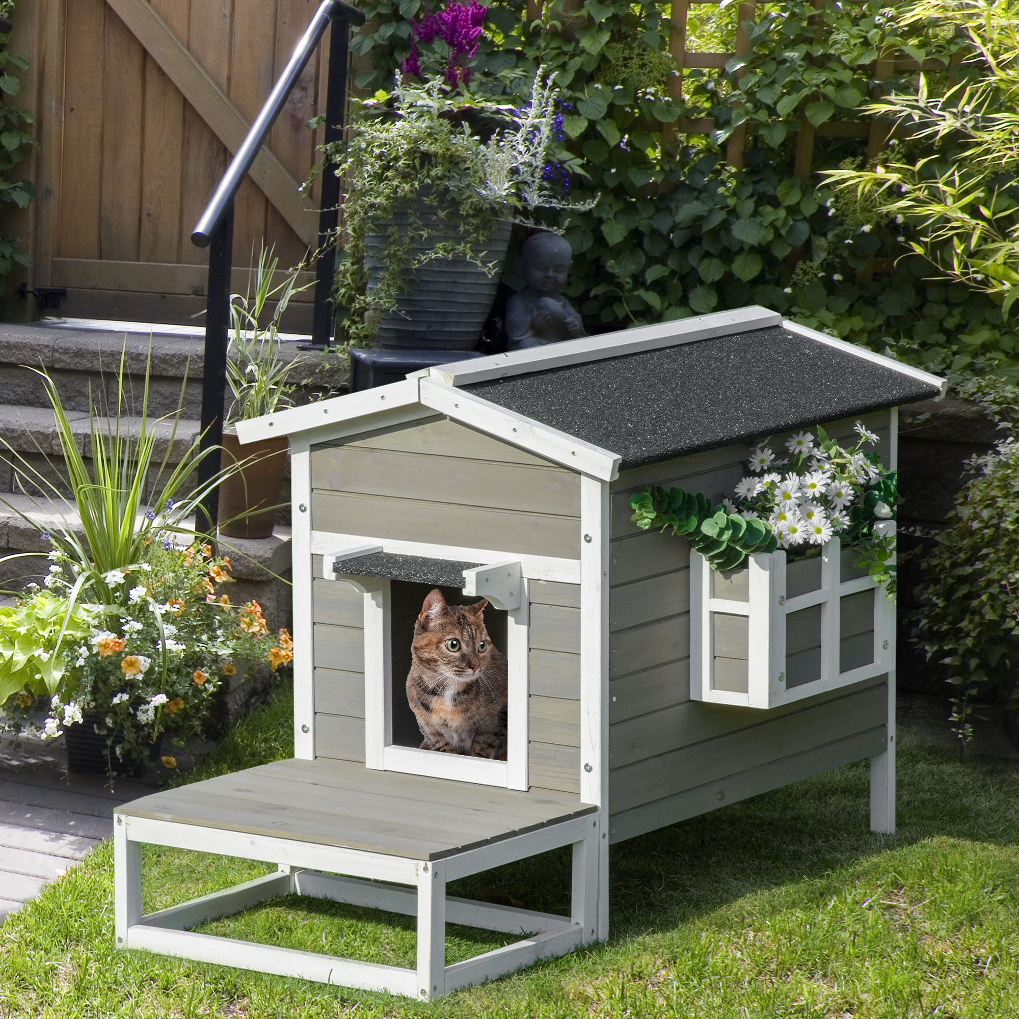 Katzenhaus aus Holz, winterfest wasserdicht Katzenhütte mit Asphaltdach  Terrasse Katzenhöhle Katzenkiste Outdoor Schutzhütte für Draußen Garten Balkon 115 x 66,5 x 74,7 cm Grau+Weiß