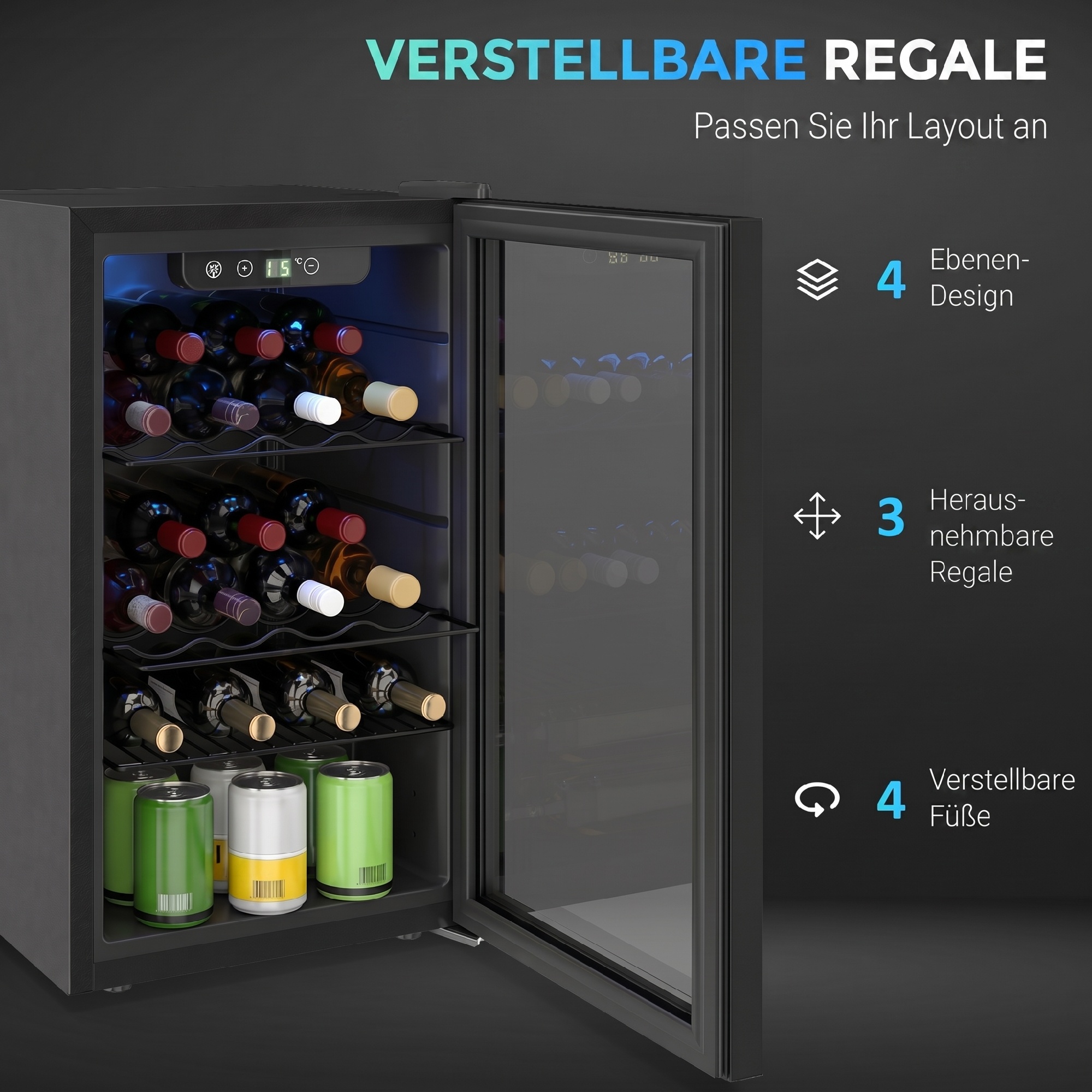 Weinkühlschrank 24 Flaschen, 68 Liter Kapazität, 4–16 °C Standgerät für Getränke, Bier und Wein mit Glas-Tür, Schwarz
