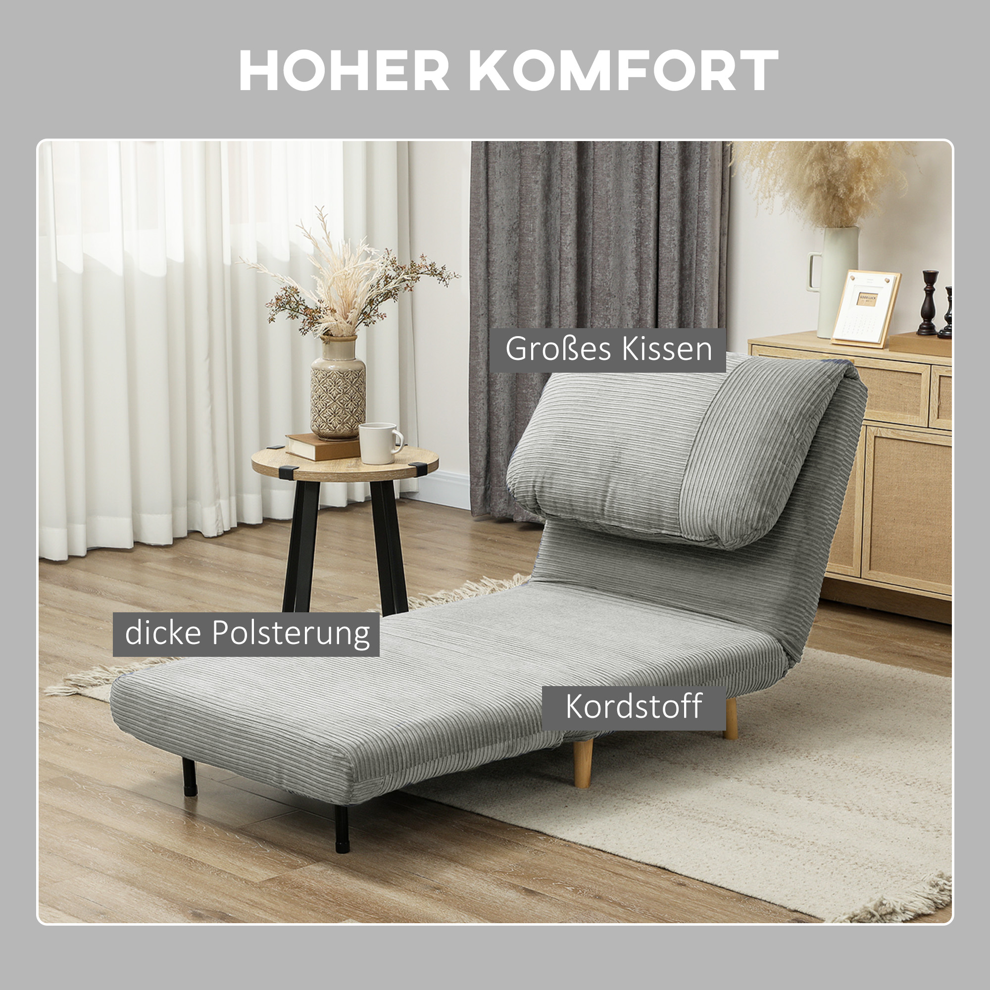 2-in-1 Schlafsessel Gästebett, verstellbare  Kopfstütze Cord-Optik 82 cm x 87 cm x 89 cm Grau