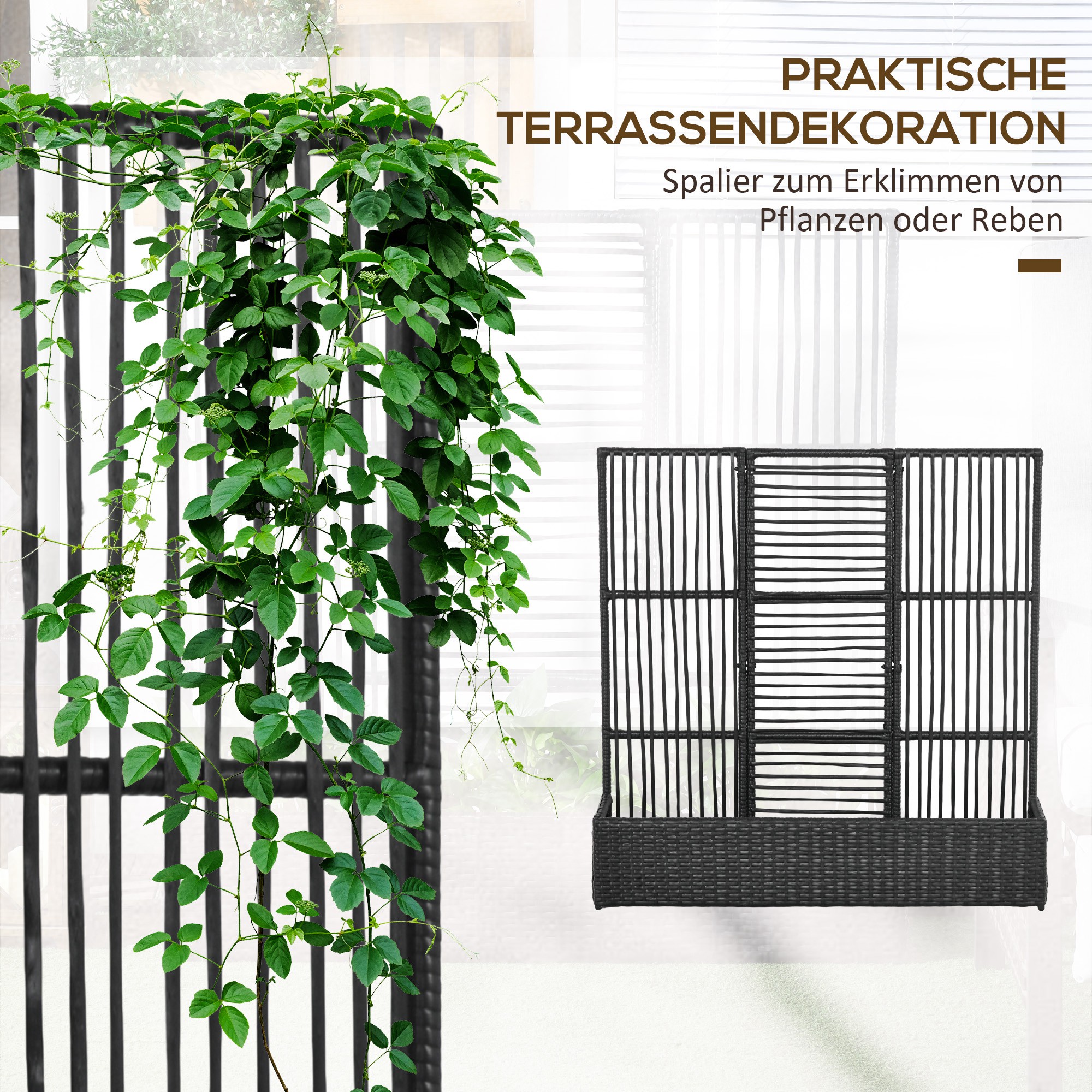 Blumenkasten mit Spalier, wetterfest, Polyrattan, 103 x 103 x 29 cm, Schwarz