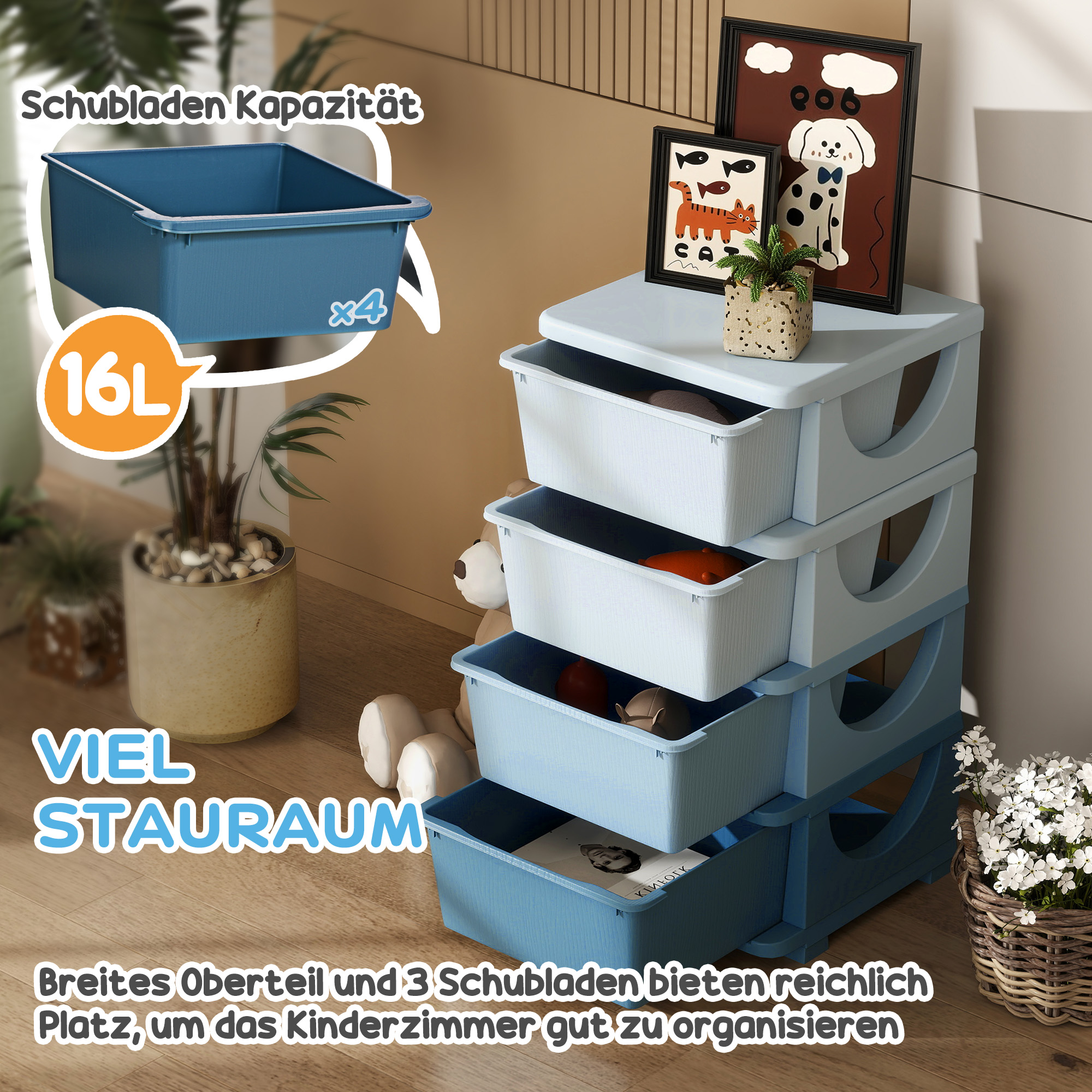 Aufbewahrungsboxen für Kinder, 4 Schubladen, abgerundete Kanten, erhöhtes Design, Kunststoff, Blau