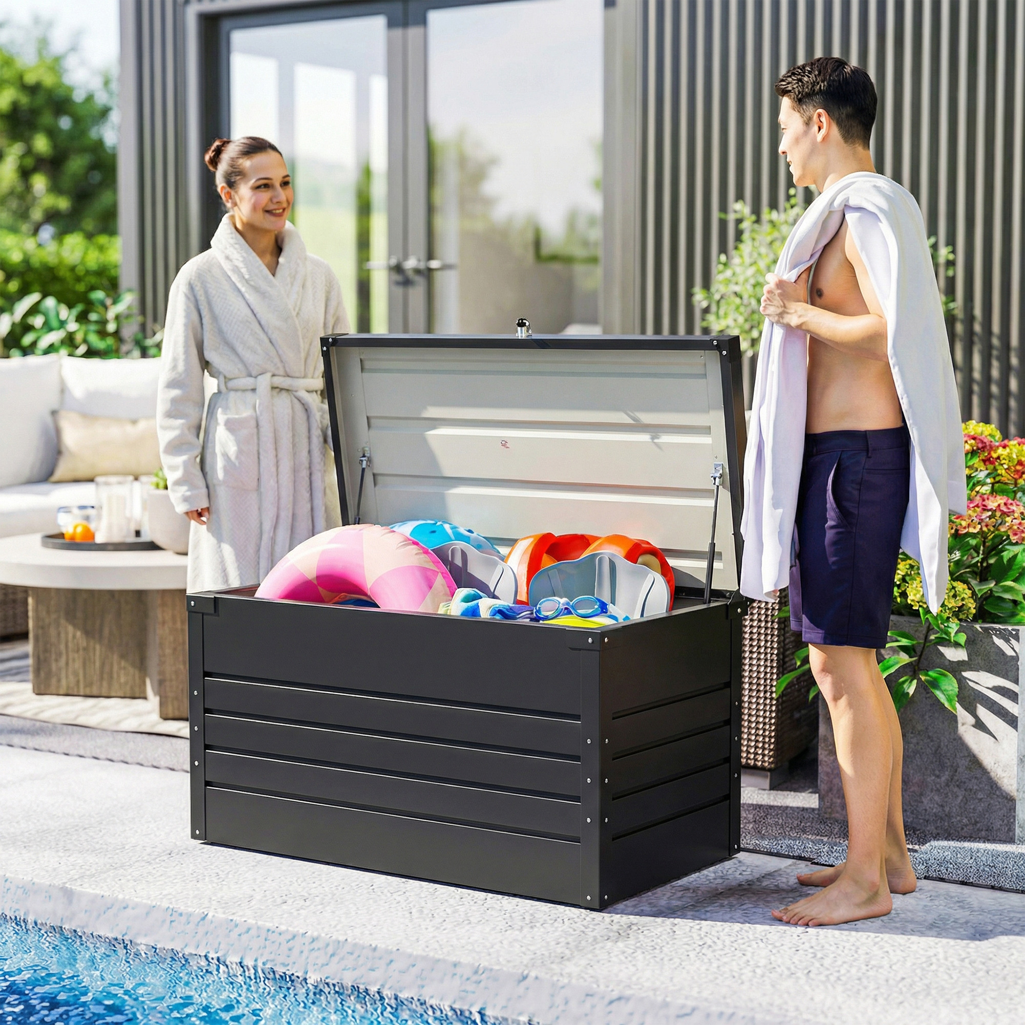 Gartenbox Metall 450L Kissenbox mit doppelwandig Deckel 120 x 61 x 62?cm Wasserdicht Abschließbar Grau