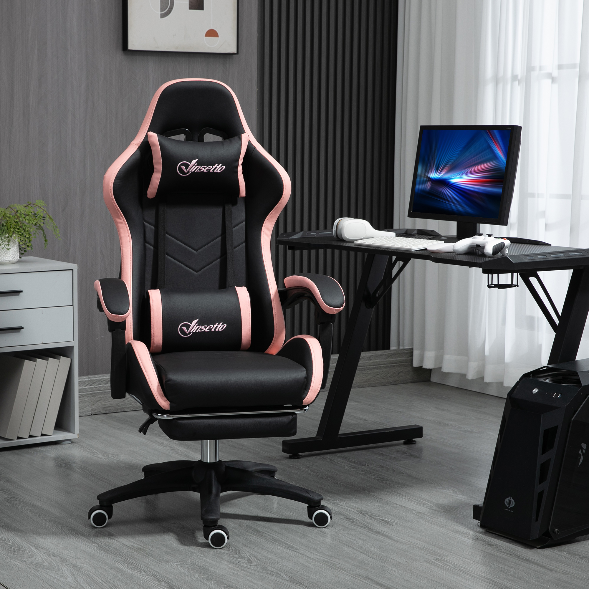 Bürostuhl, Gamingstuhl, 1 Kopfstütze, 1 Lendenstütze, Rosa + Schwarz