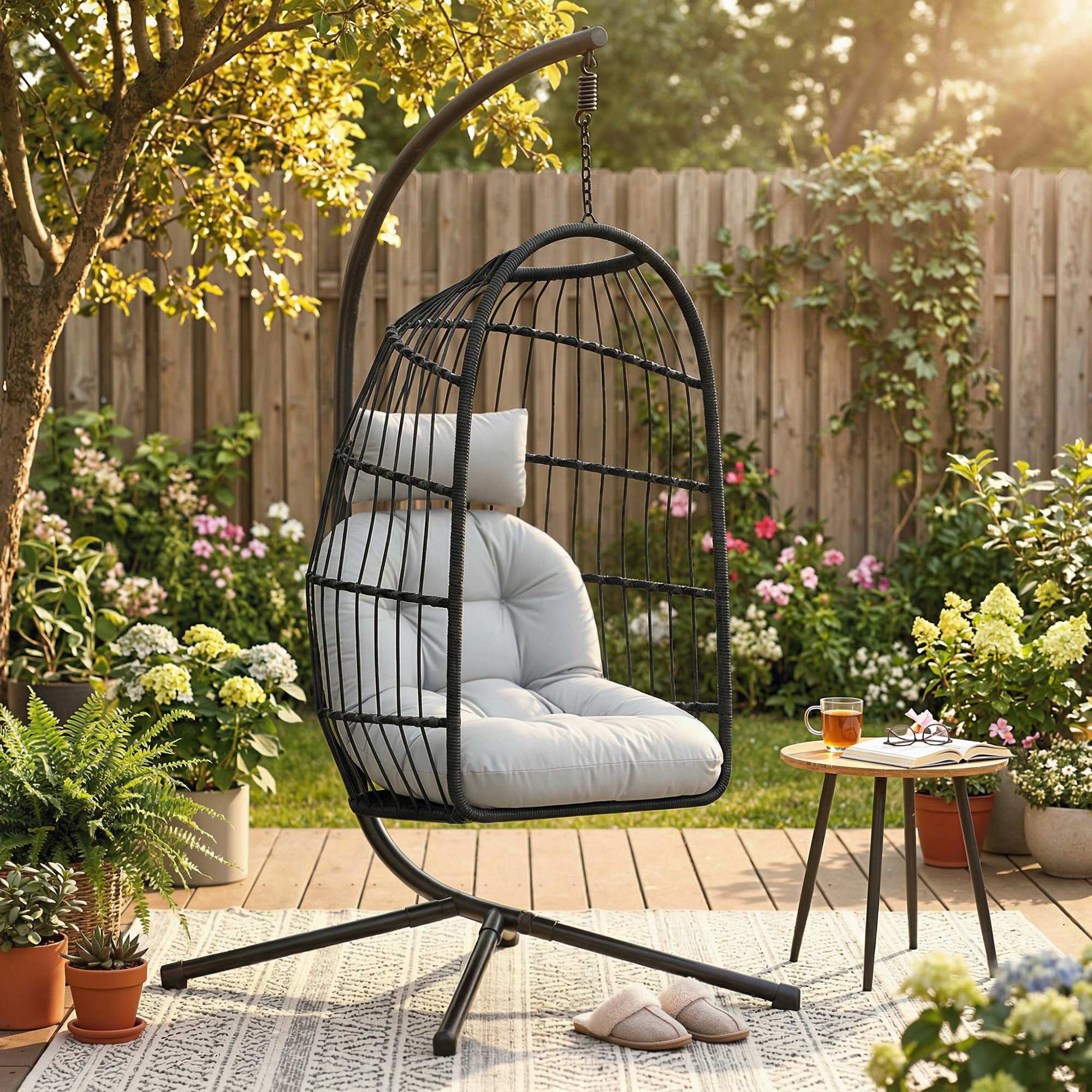 Hängesessel mit Gestell faltbar Polyrattan Hängekorb mit Kissen Sicherheitsgurt Kopfstütze Bänder, höhenverstellbar