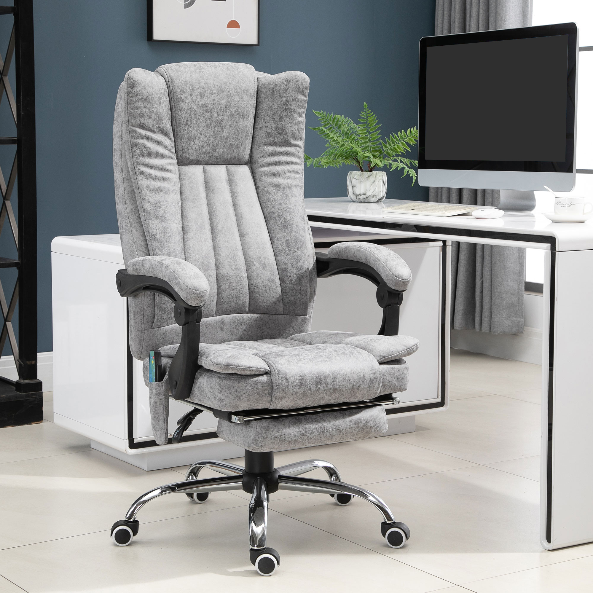 Bürostuhl mit Massagefunktion, Ergonomischer Schreibtischstuhl mit Heizfunktion, Liegefunktion, Höhenverstellbarer Drehstuhl mit Fußstütze, Seitentasche, grau