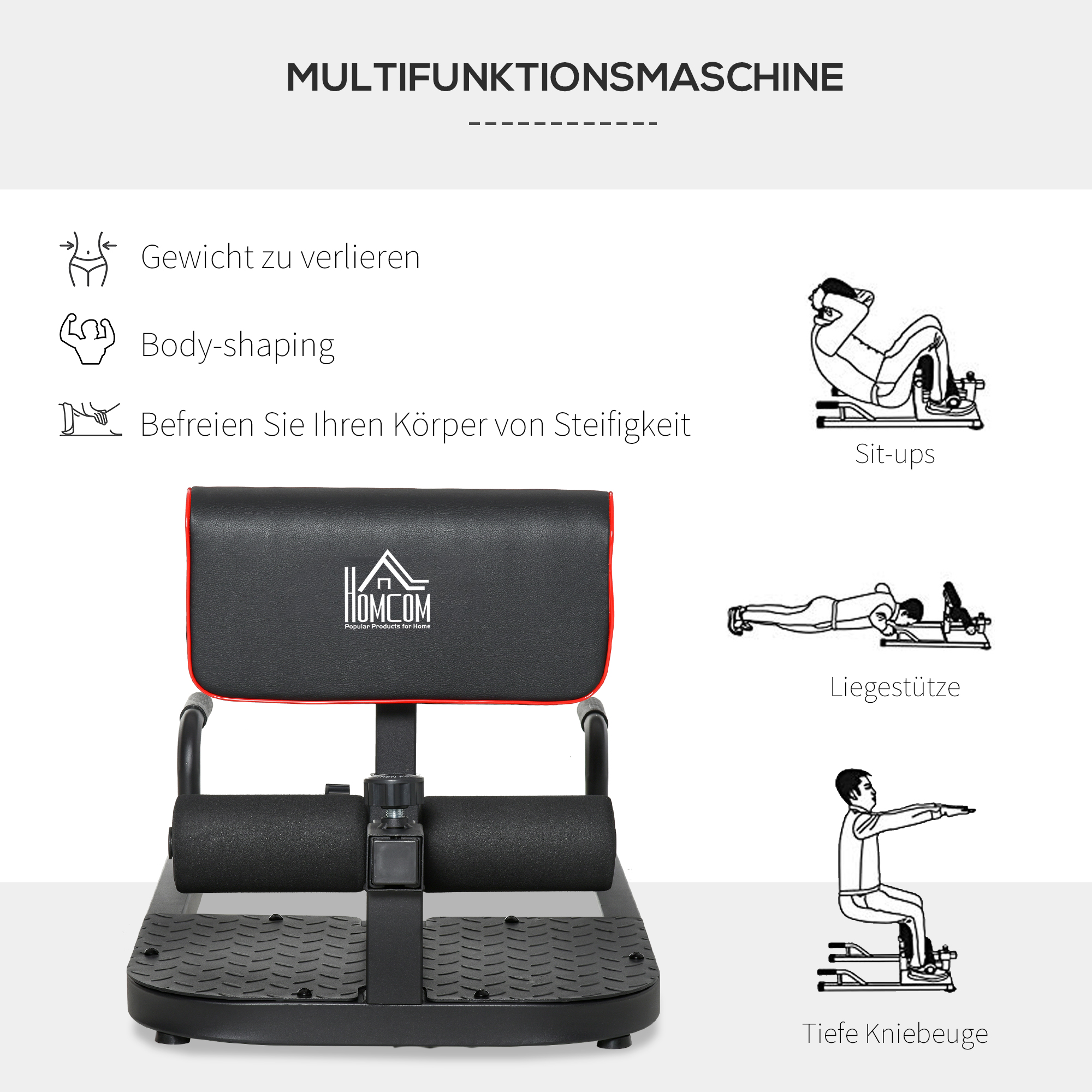 Sissy Squat Kniebeugentrainer Beintrainer Bauch-Gesäß-Trainer 3 in 1 Trainer verstellbar bis 120 kg Stahl Schwarz 50 x 97 x (44,5-56,5) cm