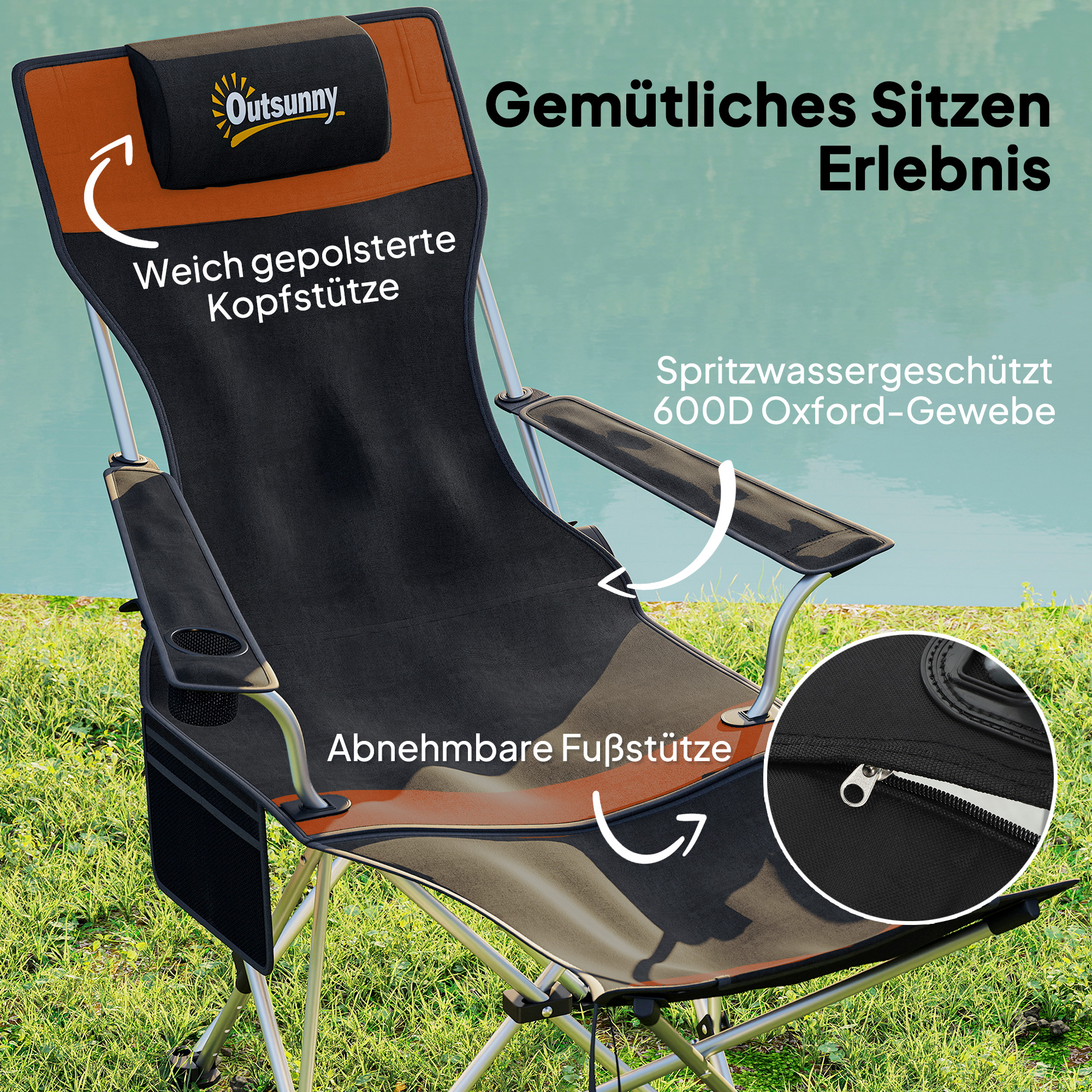 2er Set Campingstuhl faltbar Angelstuhl mit abnehmbar Fußstütze Getränkehalter belastbar 120 kg Orange