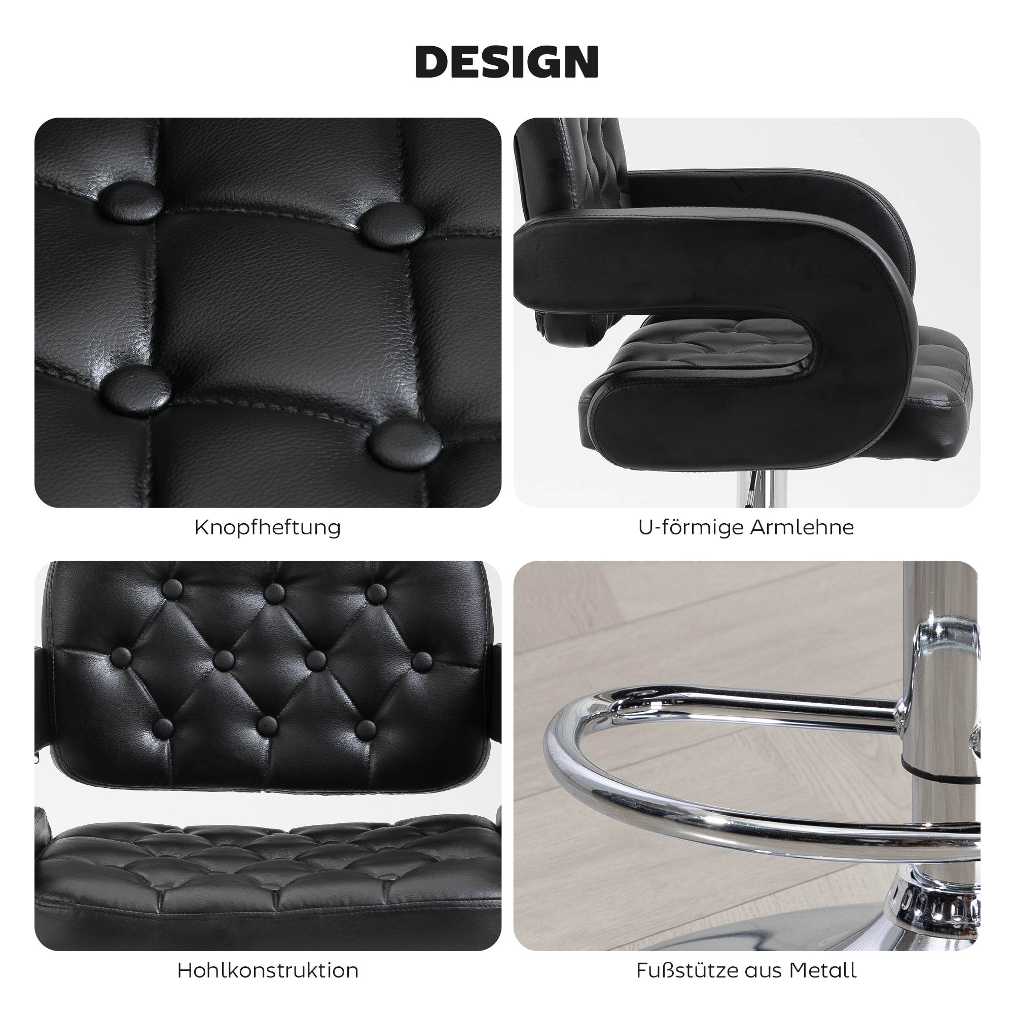 Barhocker, Höhenverstellbar 360° Drehbar Barstuhl mit Metallgestell, Lehne, Fußstütze, 61x50x93-113 cm, Schwarz