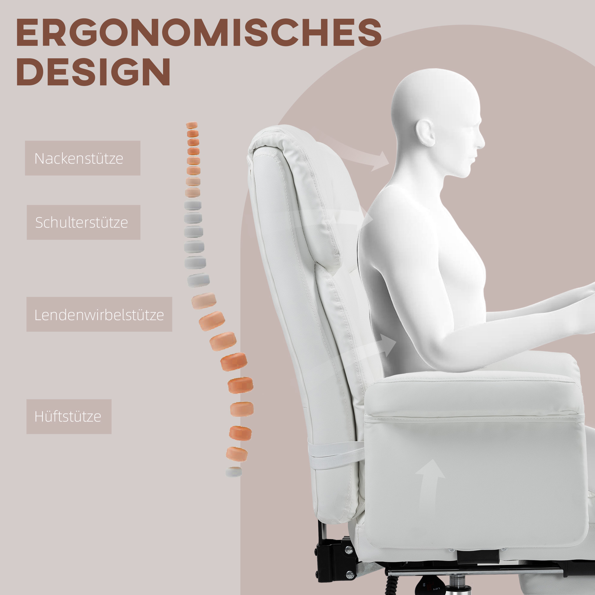Ergonomischer Bürostuhl, höhenverstellbar 48-56 cm, neigbare Rückenlehne, Fußstütze, Weiß