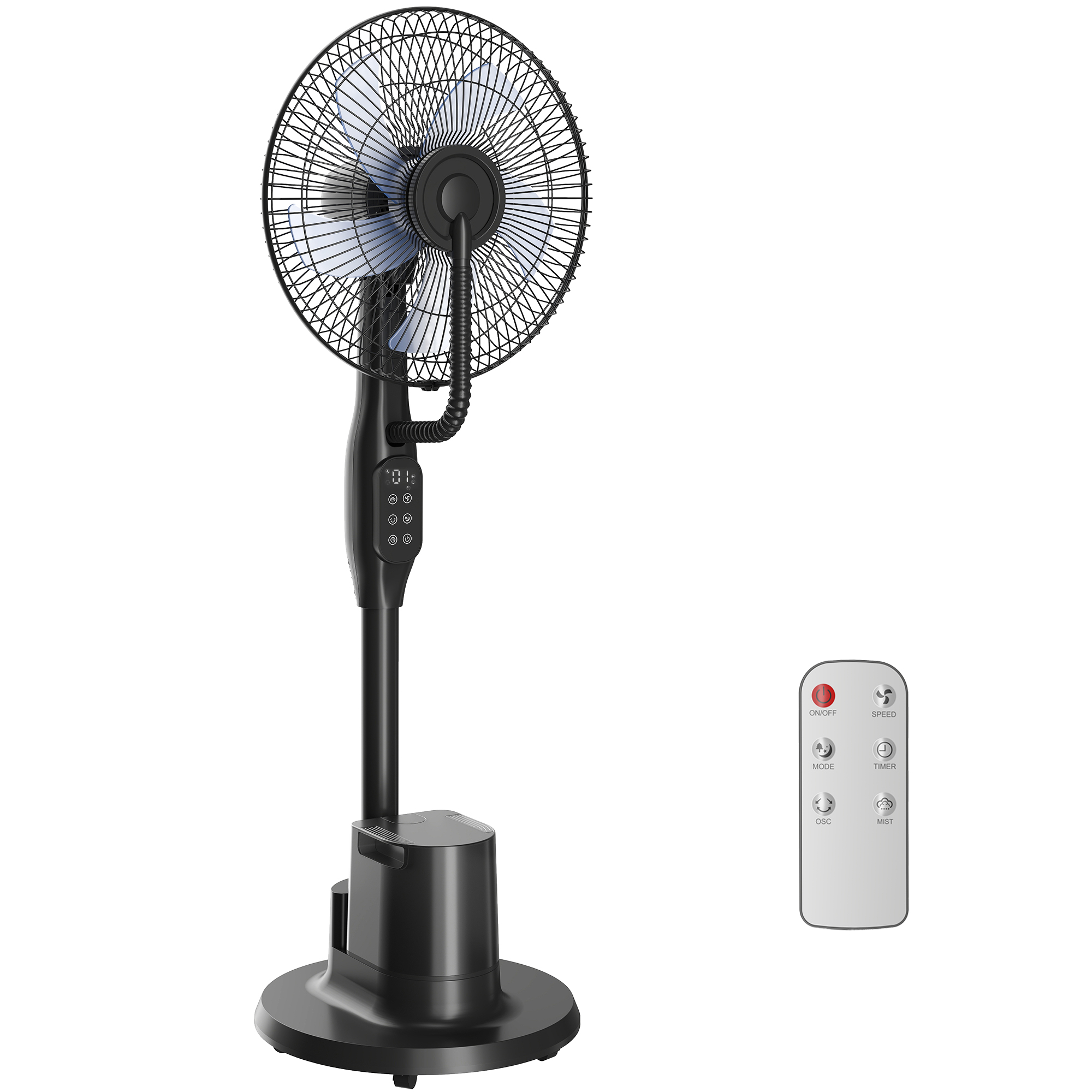Stehventilator mit Sprühnebel, 70° Oszillation, 3 Geschwindigkeiten, 3 Modi, 3,5L Wassertank, Schwarz
