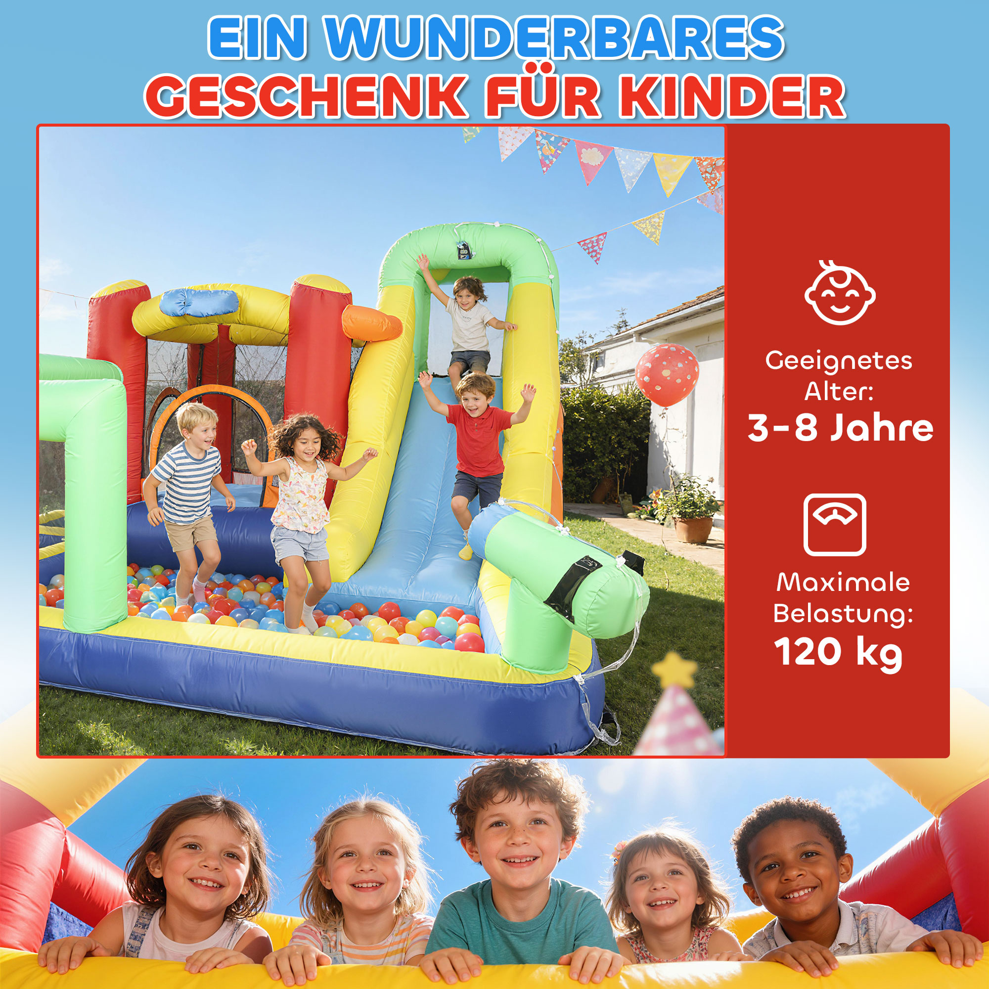 9-in-1 Aufblasbare Hüpfburg mit Gebläse Rutsche Planschbecken Wasserpistole für 3-8 Jahre 330x290x185 cm Mehrfarbig
