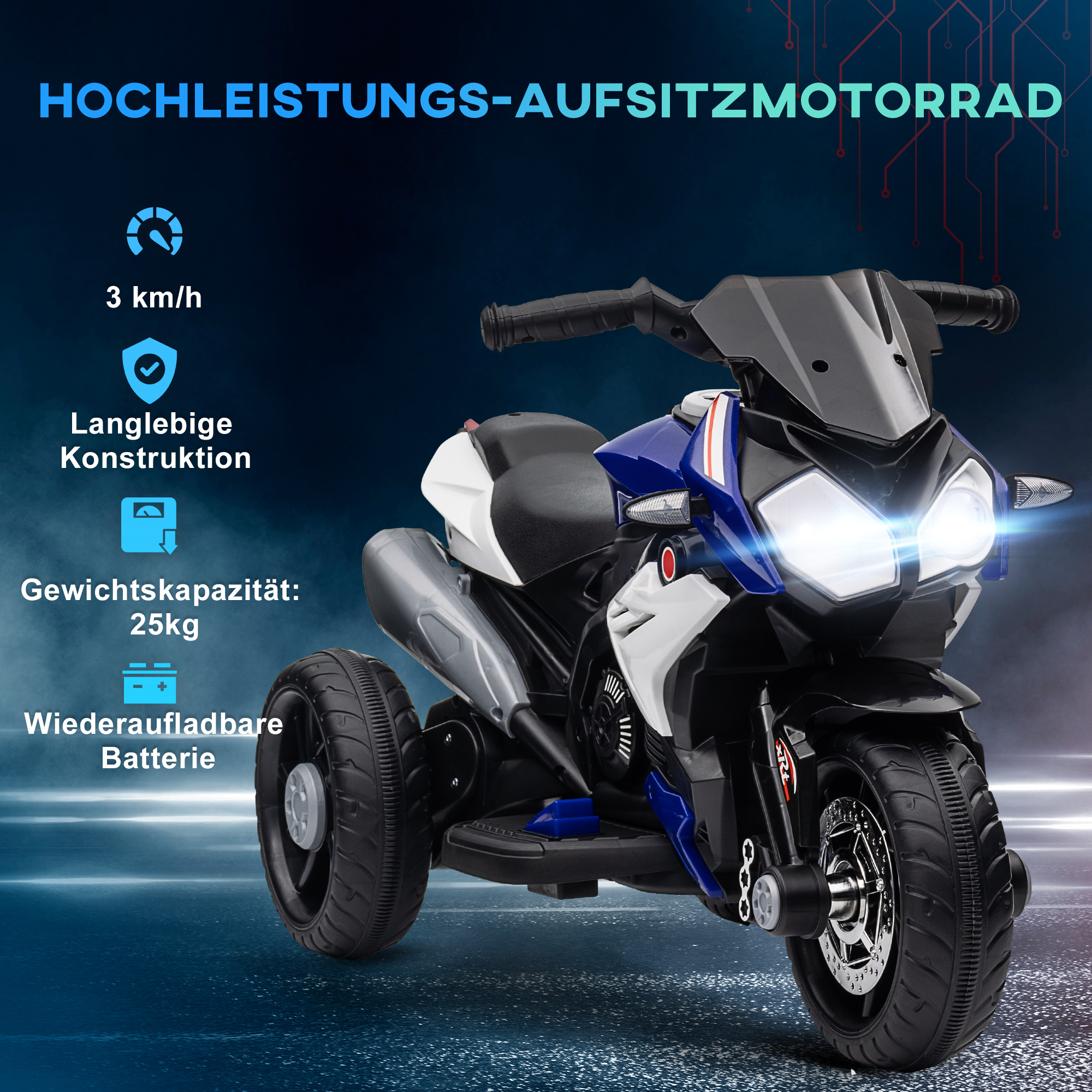 Elektro-Kindermotorrad, Lichter & Geräusche, 3 km/h, wiederaufladbar, Kunststoff & Metall, Blau/Weiß